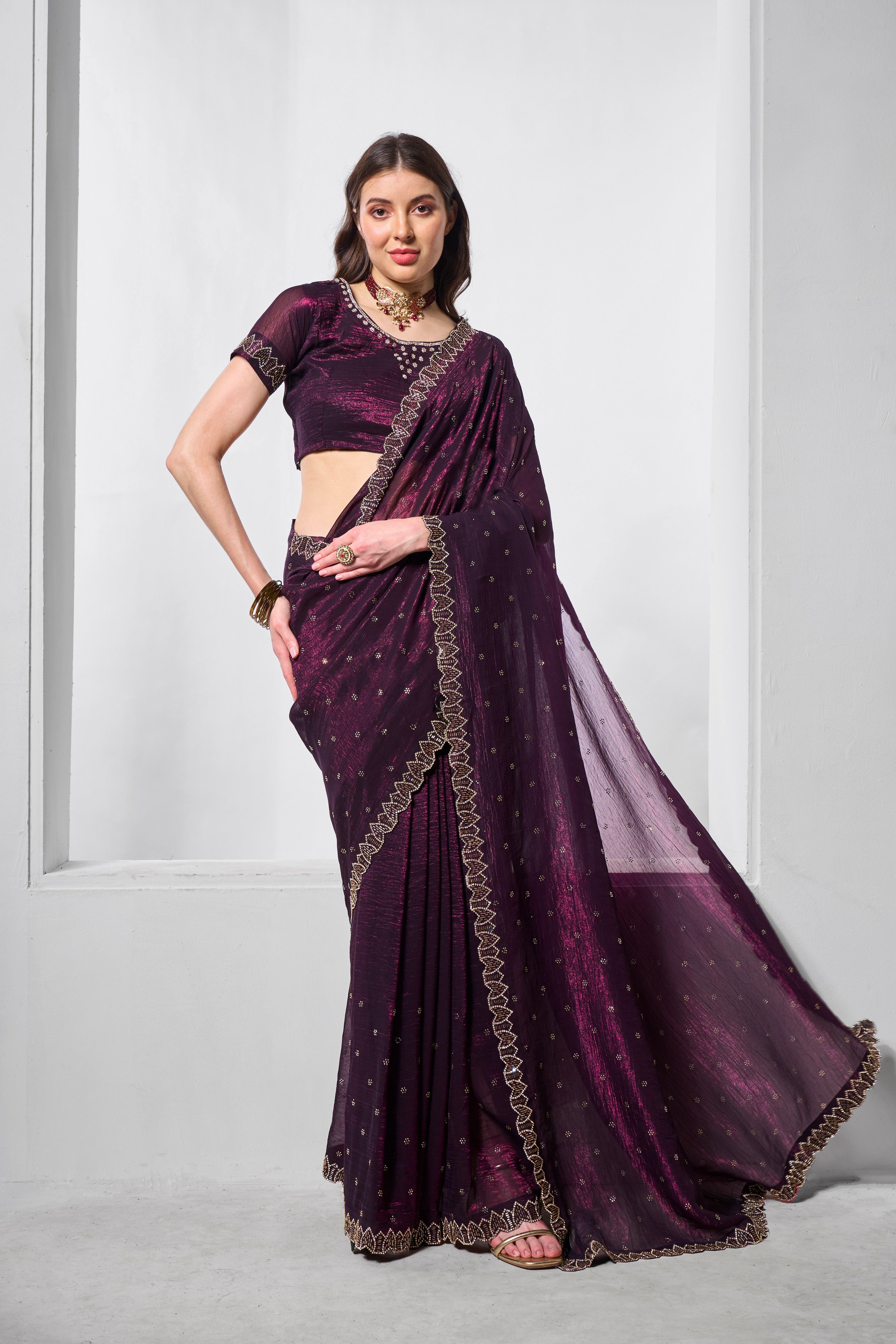 Wine Crunchy Chiffon Fabric Designer Embroidery Work Ceremonial Partywear Saree