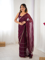 Wine Designer Beads Work Sitara Chiffon Girlie Ceremonial Saree