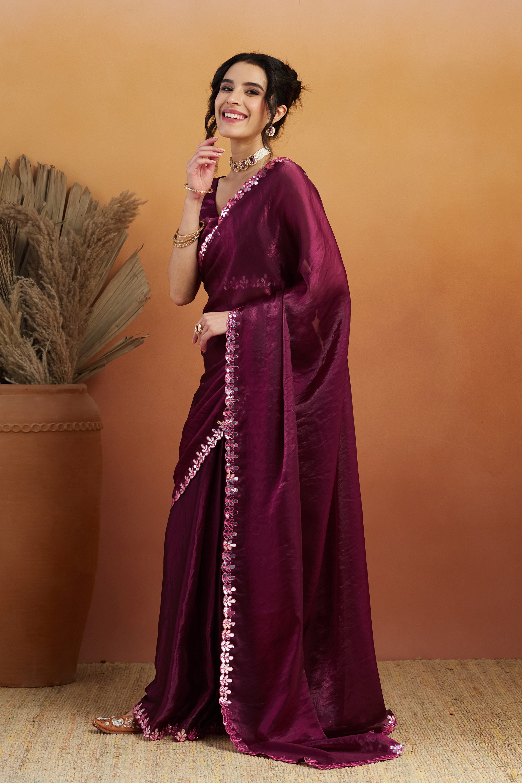 Wine Designer Embroidery Work Ready To Wear Saree