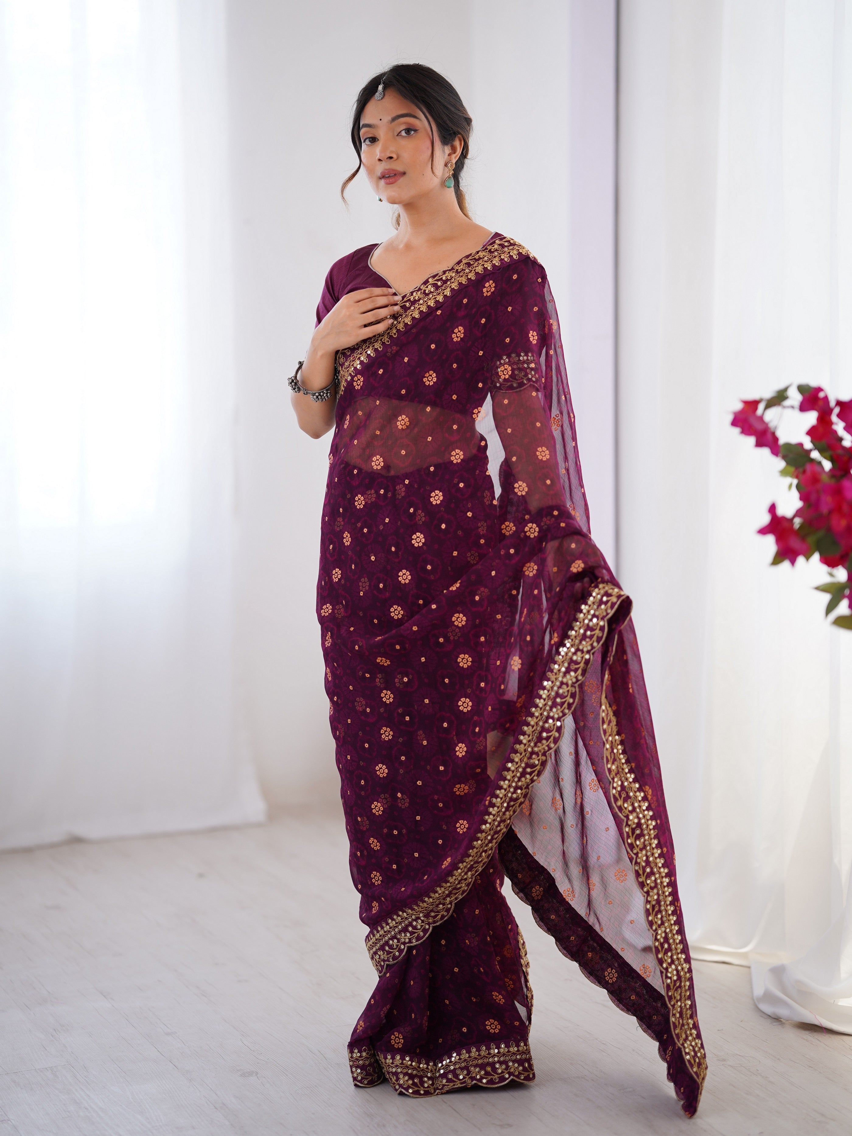Wine Designer Printed With Embroidery Lace Work Georgette Festive Saree