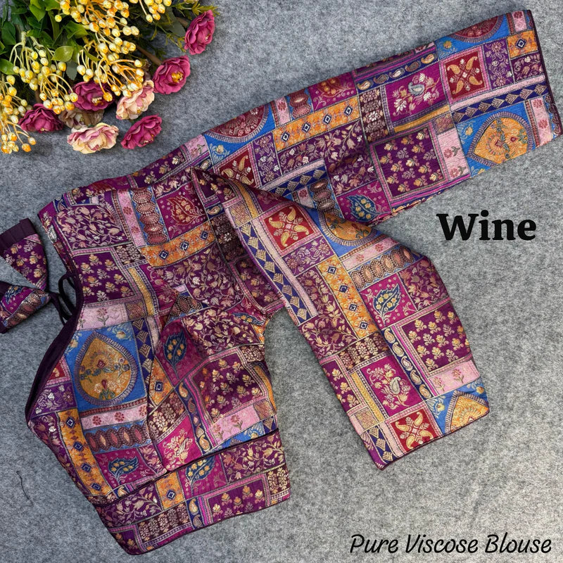 Wine Designer Vintage Blouse in Pure Viscose Jacquard with Long Sleeves & Position Print