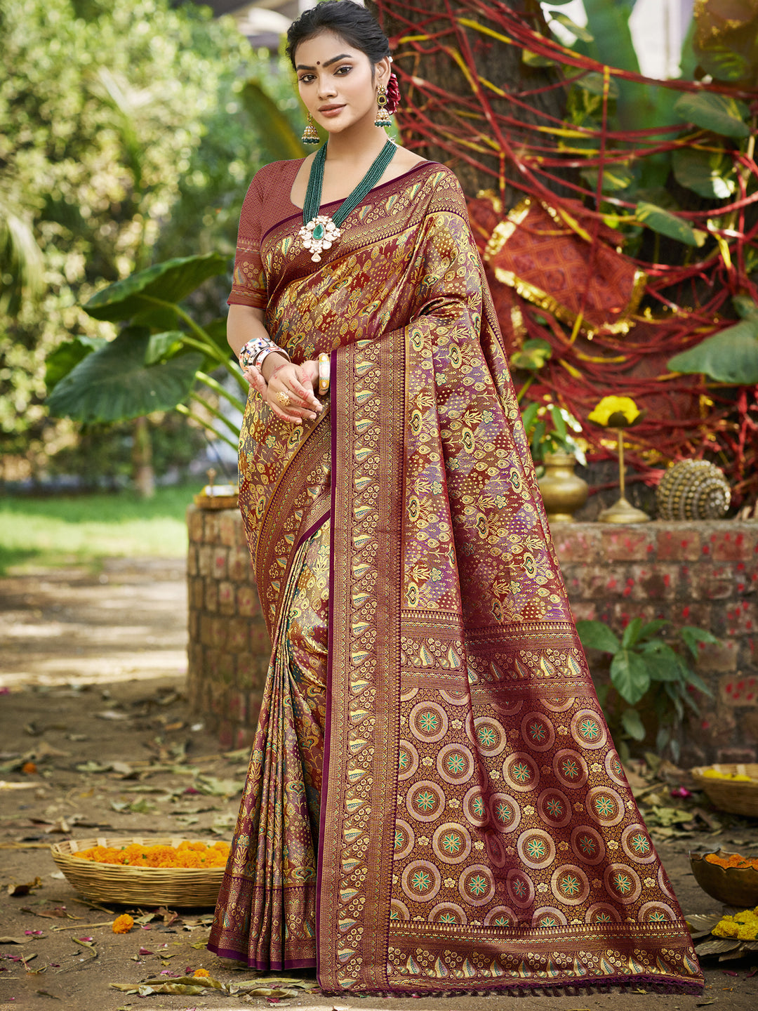 Wine Dharmavaram Saree With Effortless Style and Everyday Grace