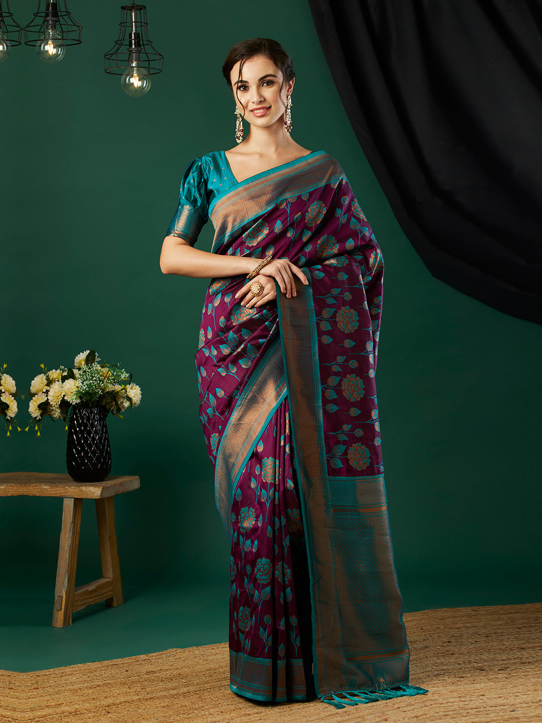Wine Ethnic Banarasi Silk Saree With Floral Woven Designer Looks