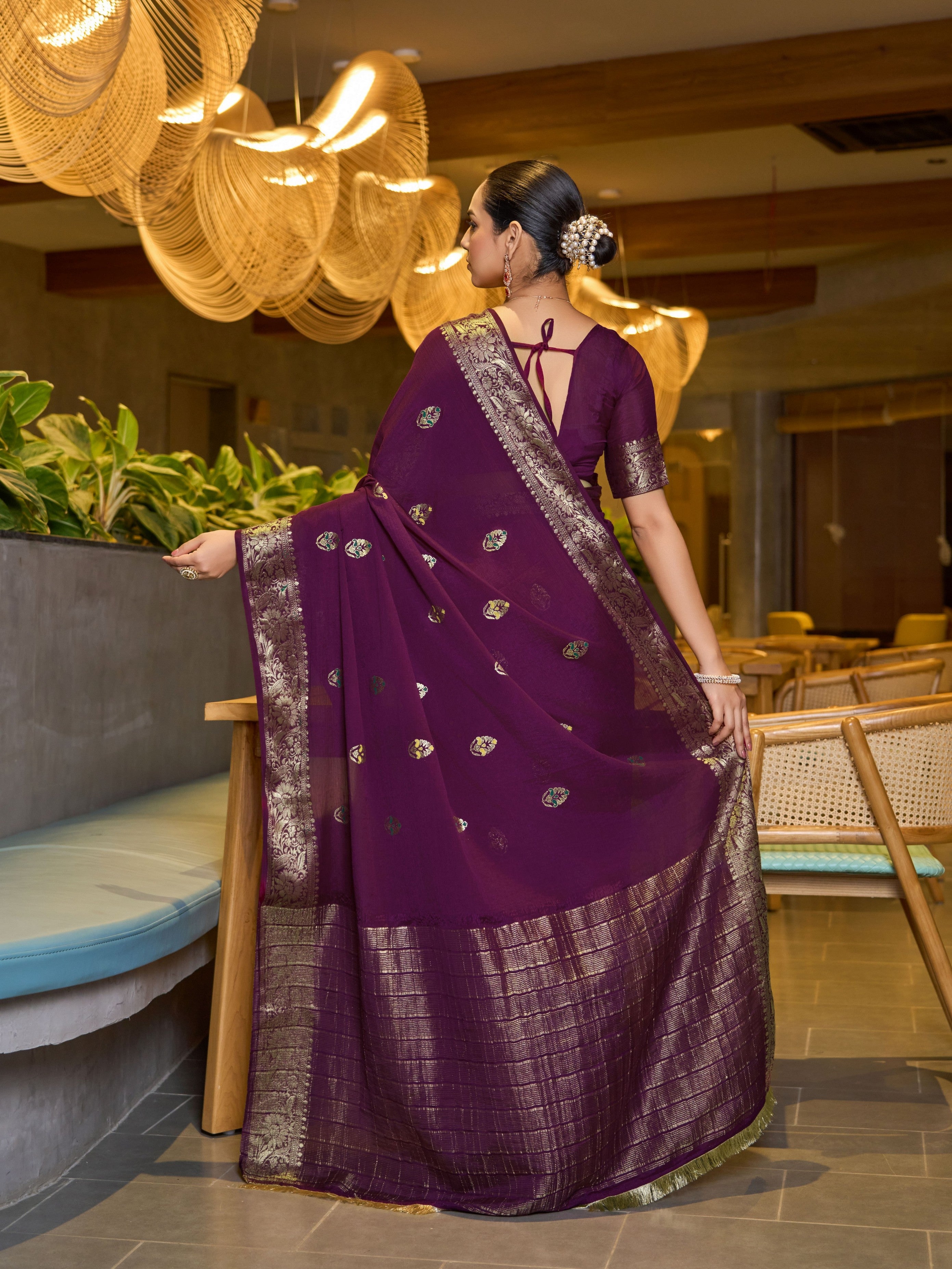 Wine Ethnic Chinon Woven Designer Partywear Saree