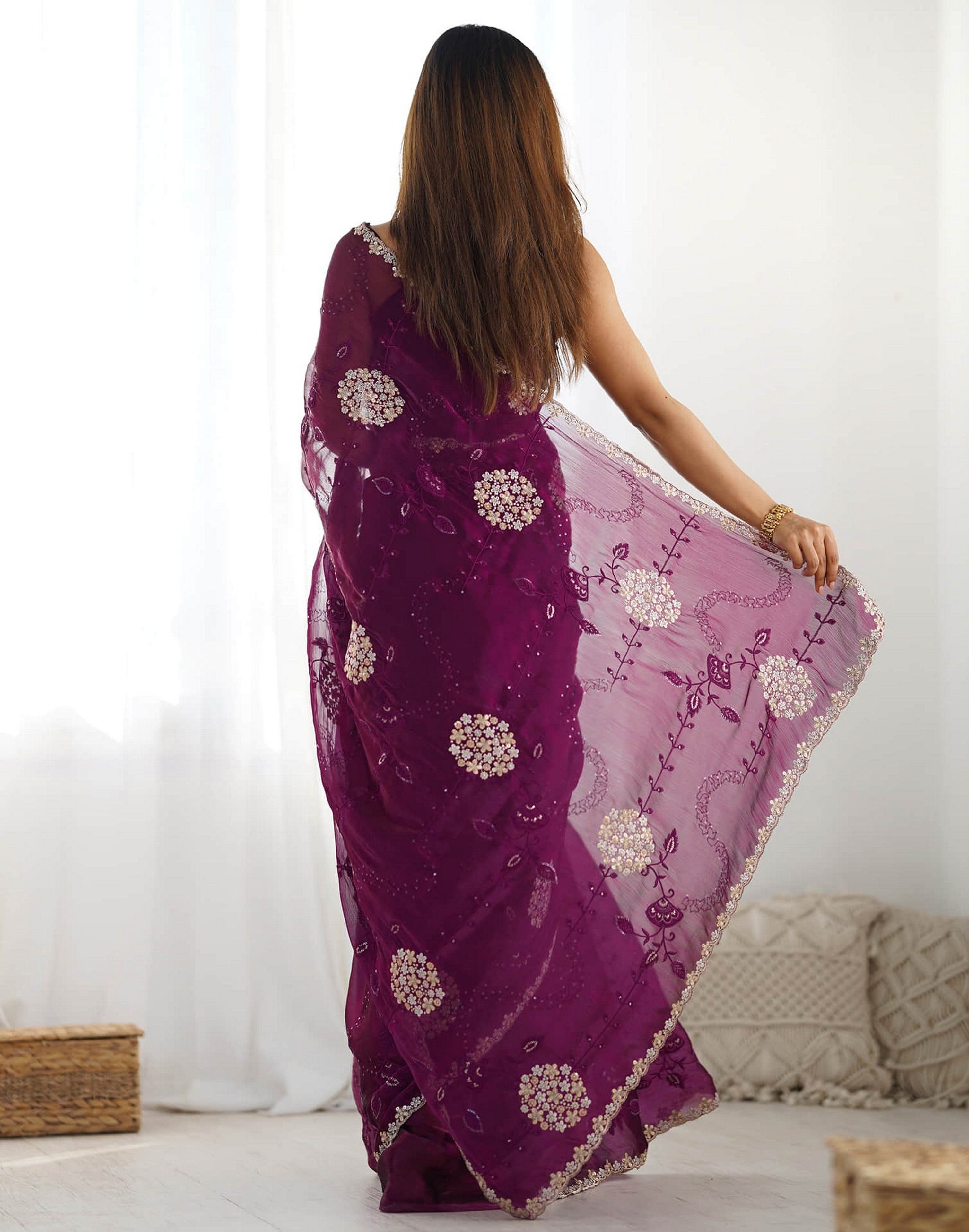 Wine Fancy Embroidery Work Jimmy Choo Girlie Bollywood Saree