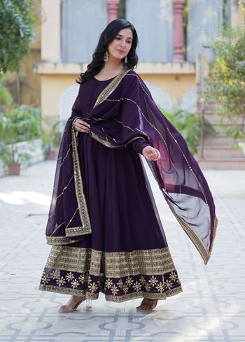 Wine  Faux Blooming  Suit With Multi-Sequins Embroidered work