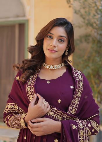 Wine Faux Blooming Suit With Zari & Sequins Embroidery