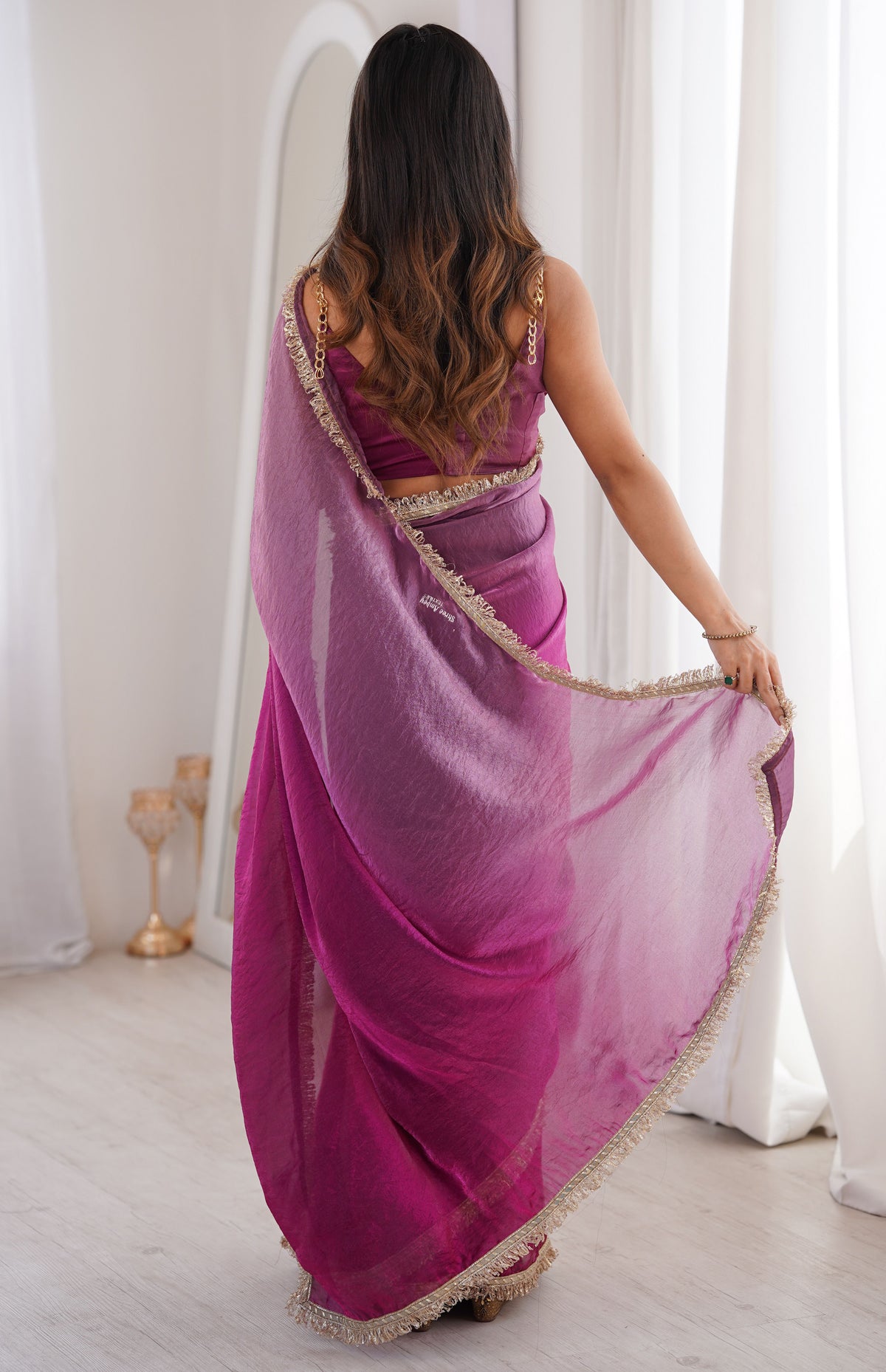 Wine Fendi Satin Saree with Rich Sequins Zari Lace Detailing