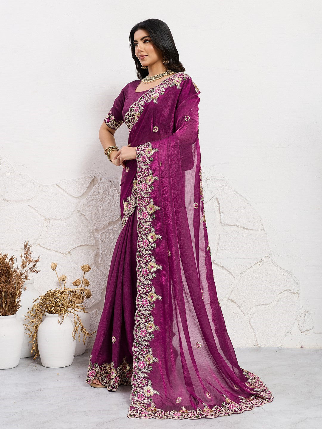 Wine Fendy Chiffon Saree With Embroidery Classic Premium Saree