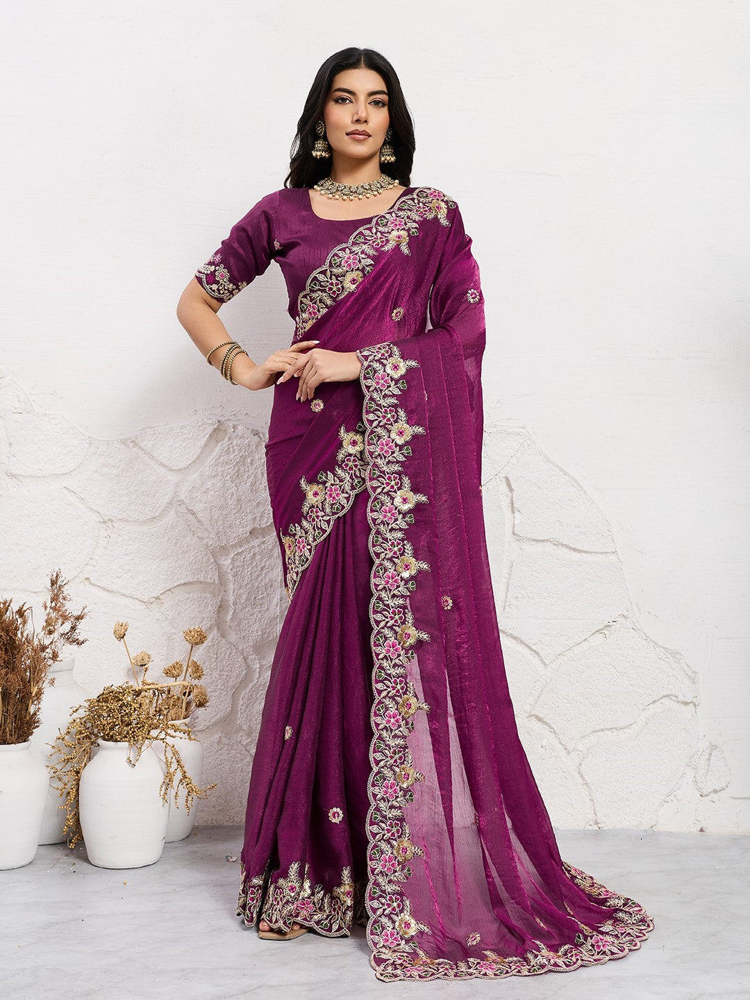 Wine Fendy Chiffon Saree With Embroidery Classic Premium Saree