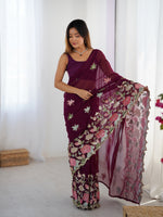 Wine Floral Embroidered Sequins Work Partywear Saree