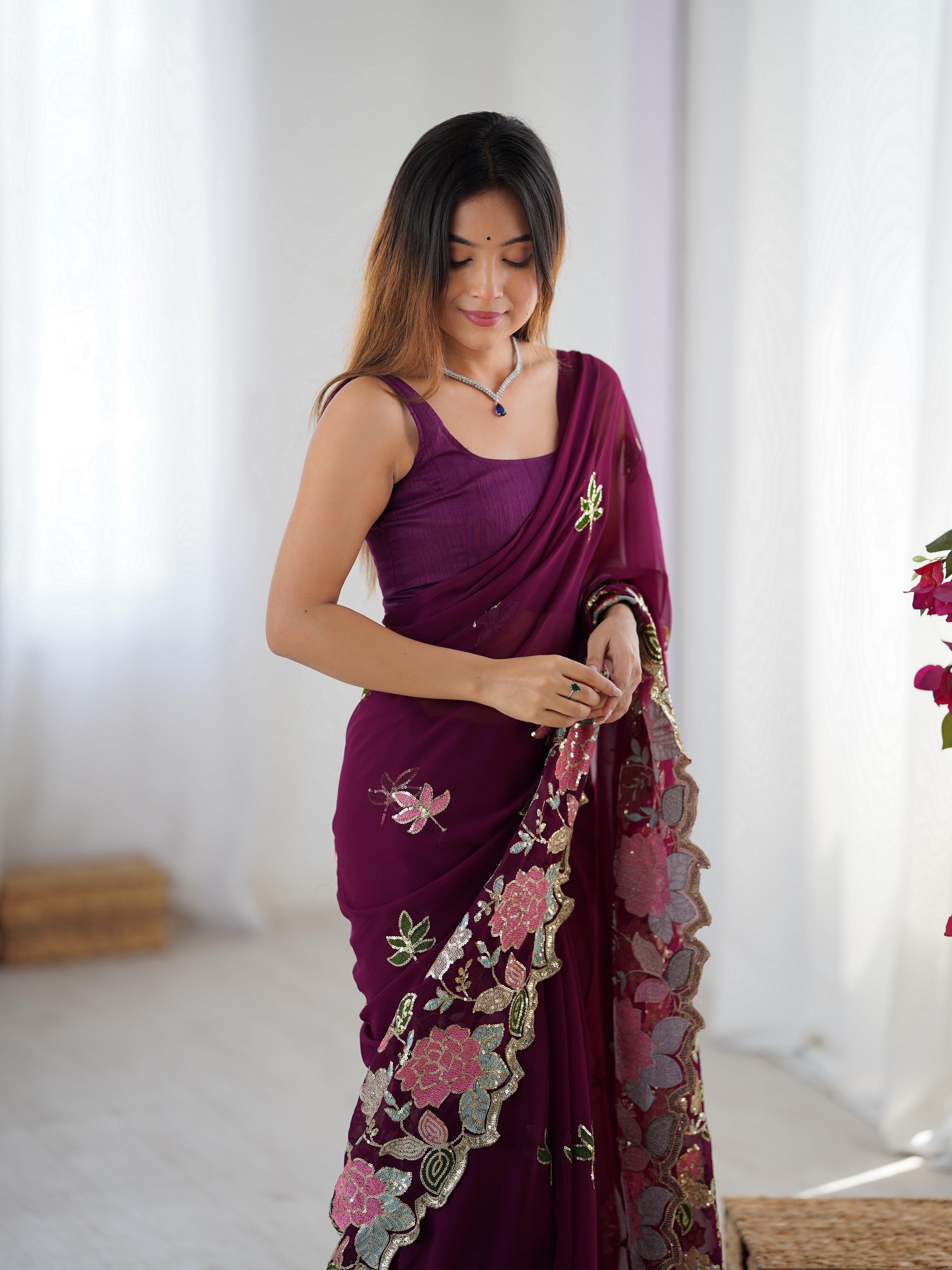 Wine Floral Embroidered Sequins Work Partywear Saree