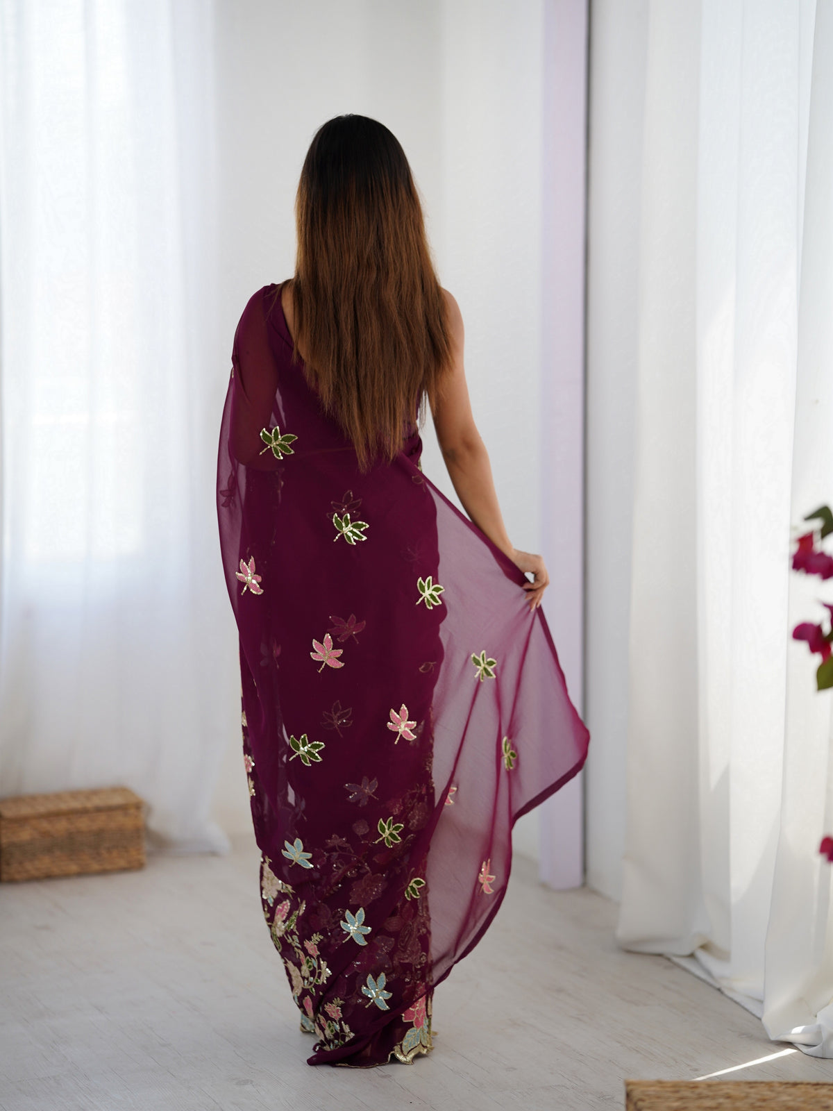 Wine Floral Embroidered Sequins Work Partywear Saree
