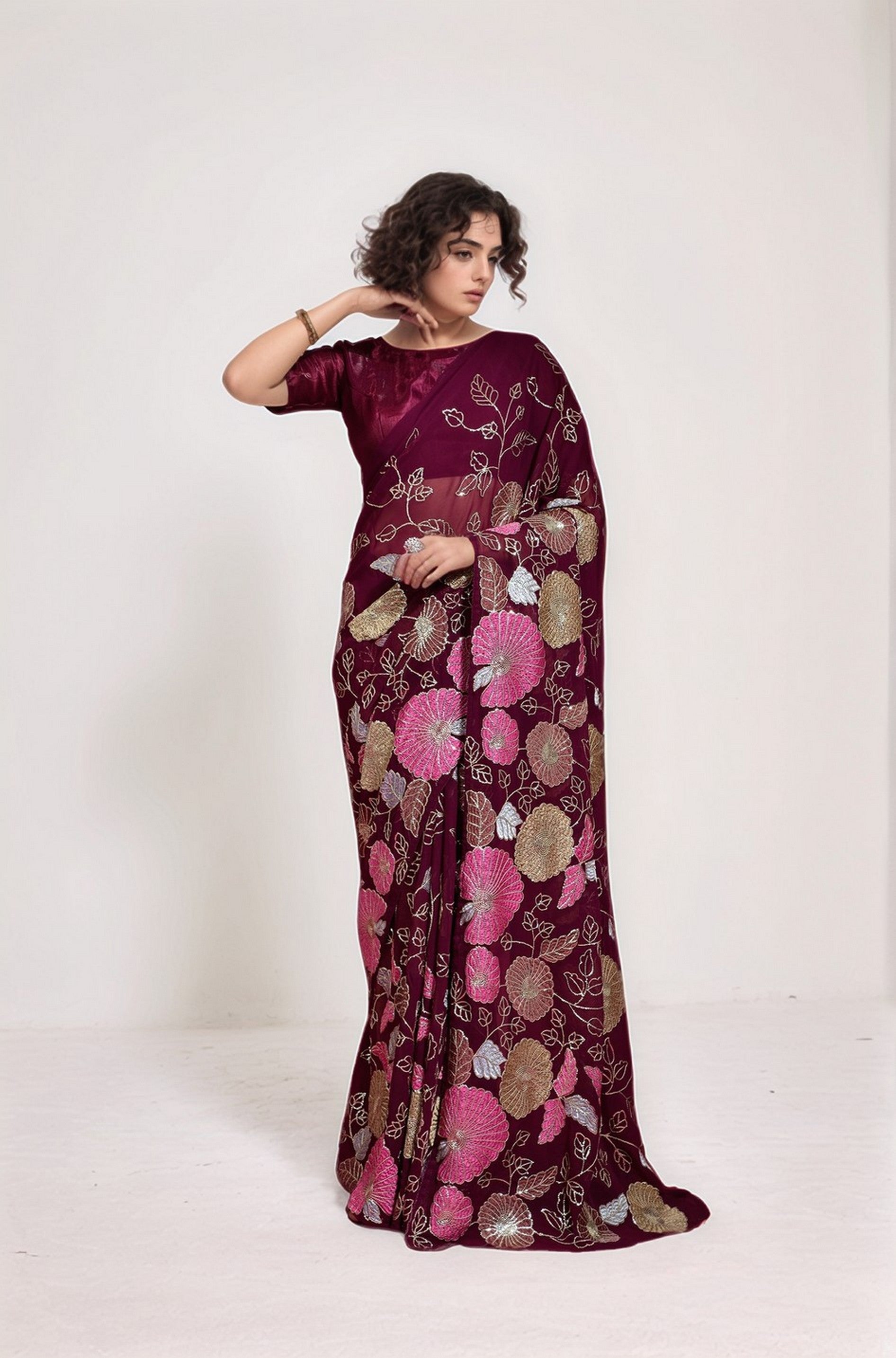 Wine Georgette Bollywood Style Sequins Embroidery Work Saree
