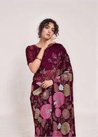 Wine Georgette Bollywood Style Sequins Embroidery Work Saree