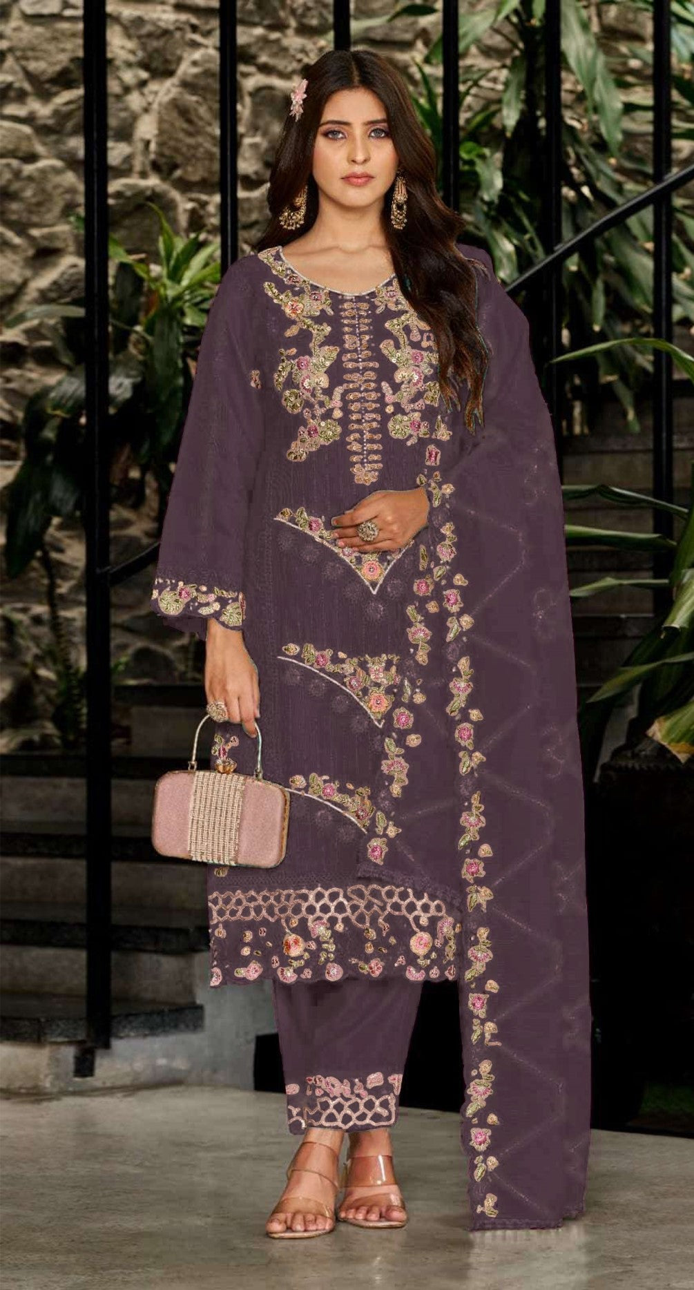 Wine Georgette Designer Suit Set With Intricate Embroidery