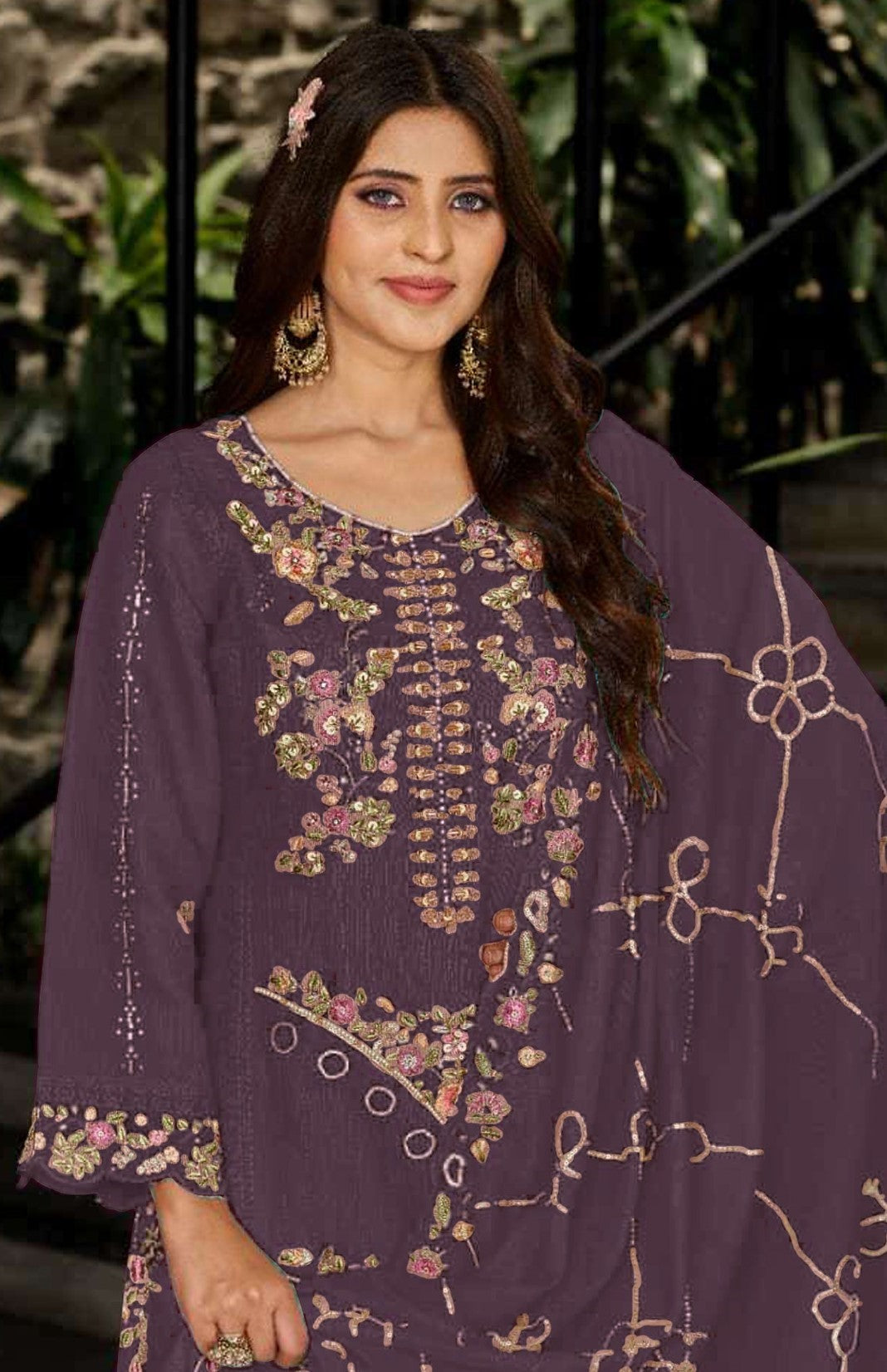 Wine Georgette Designer Suit Set With Intricate Embroidery