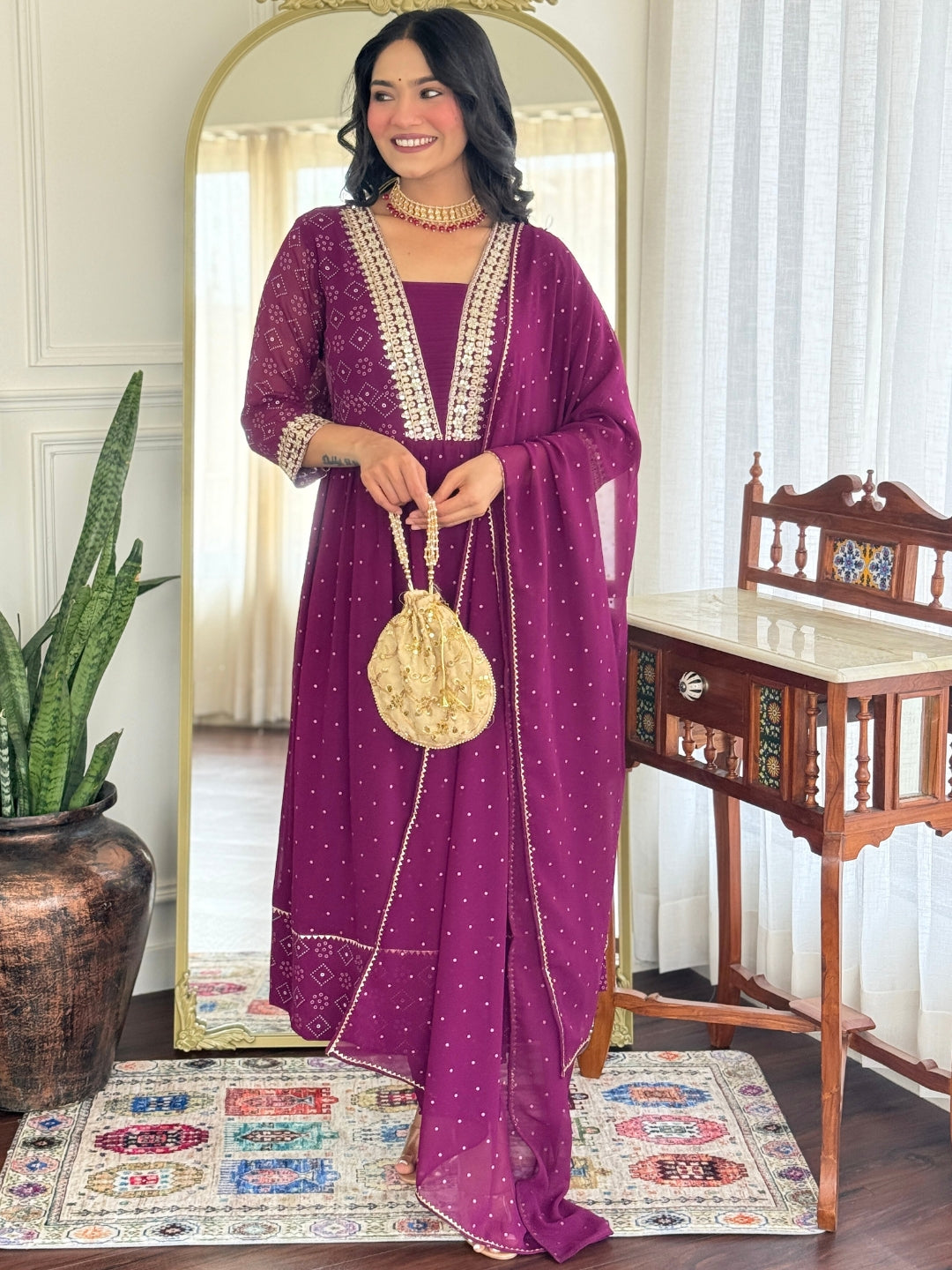 Wine Georgette Elegant Kurta Pant Set With Embroidery Work