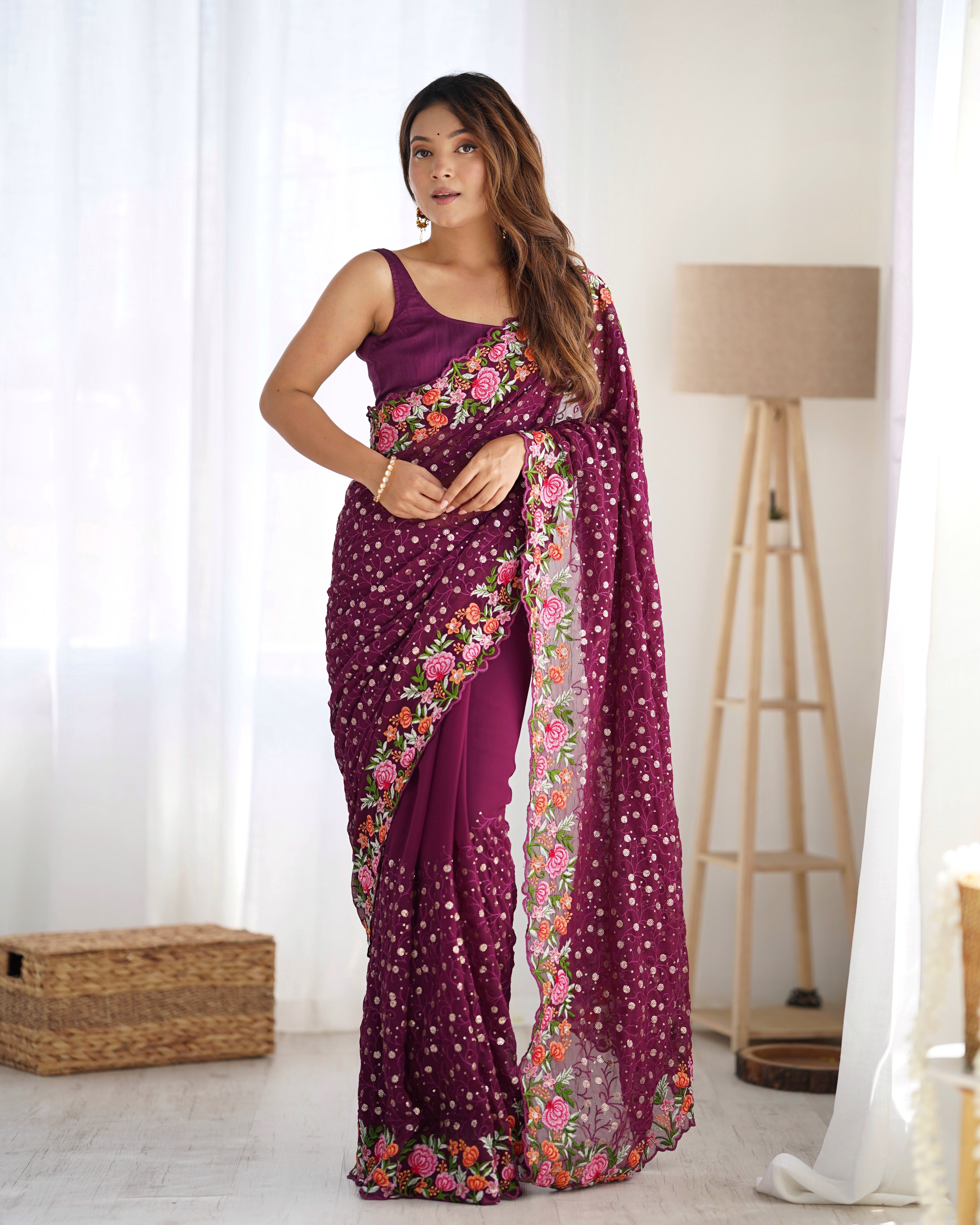 Wine Georgette Fabric Designer Sequins Work Embroidery Saree