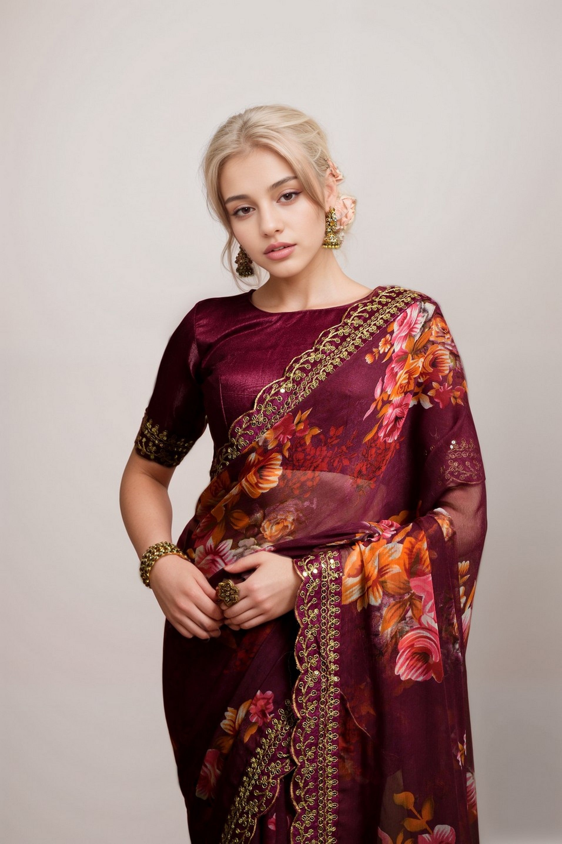 Wine Georgette Floral Printed With Embroidered Border Saree