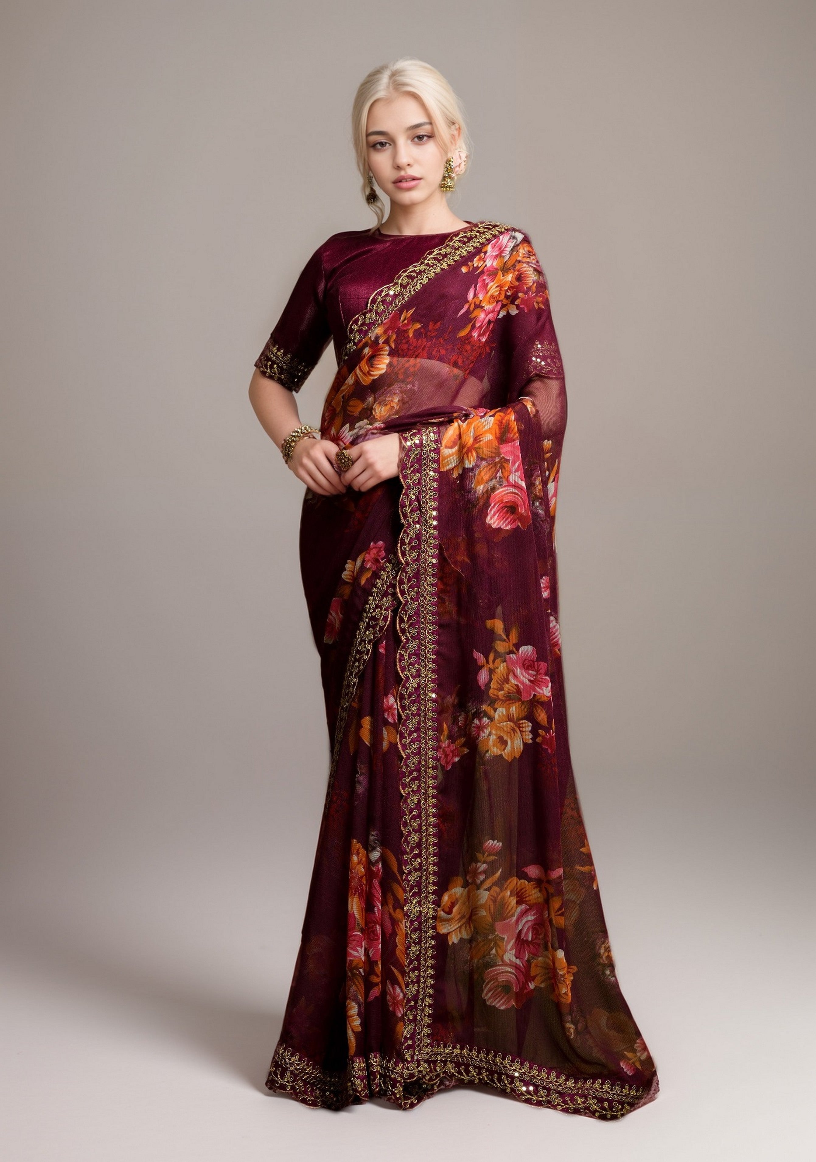 Wine Georgette Floral Printed With Embroidered Border Saree