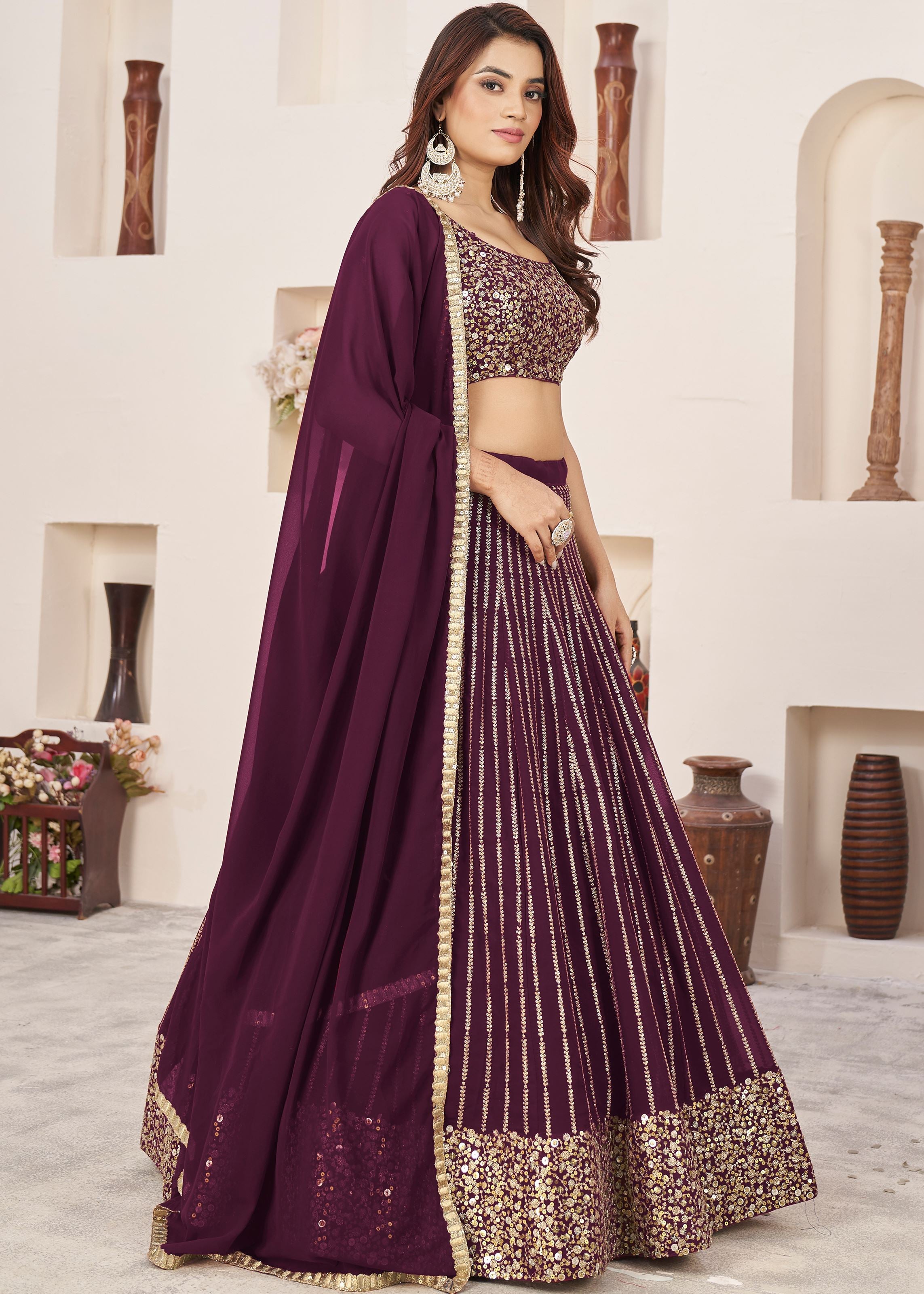 Wine Georgette Lehenga Choli With Sequins Zari Embroidered Work
