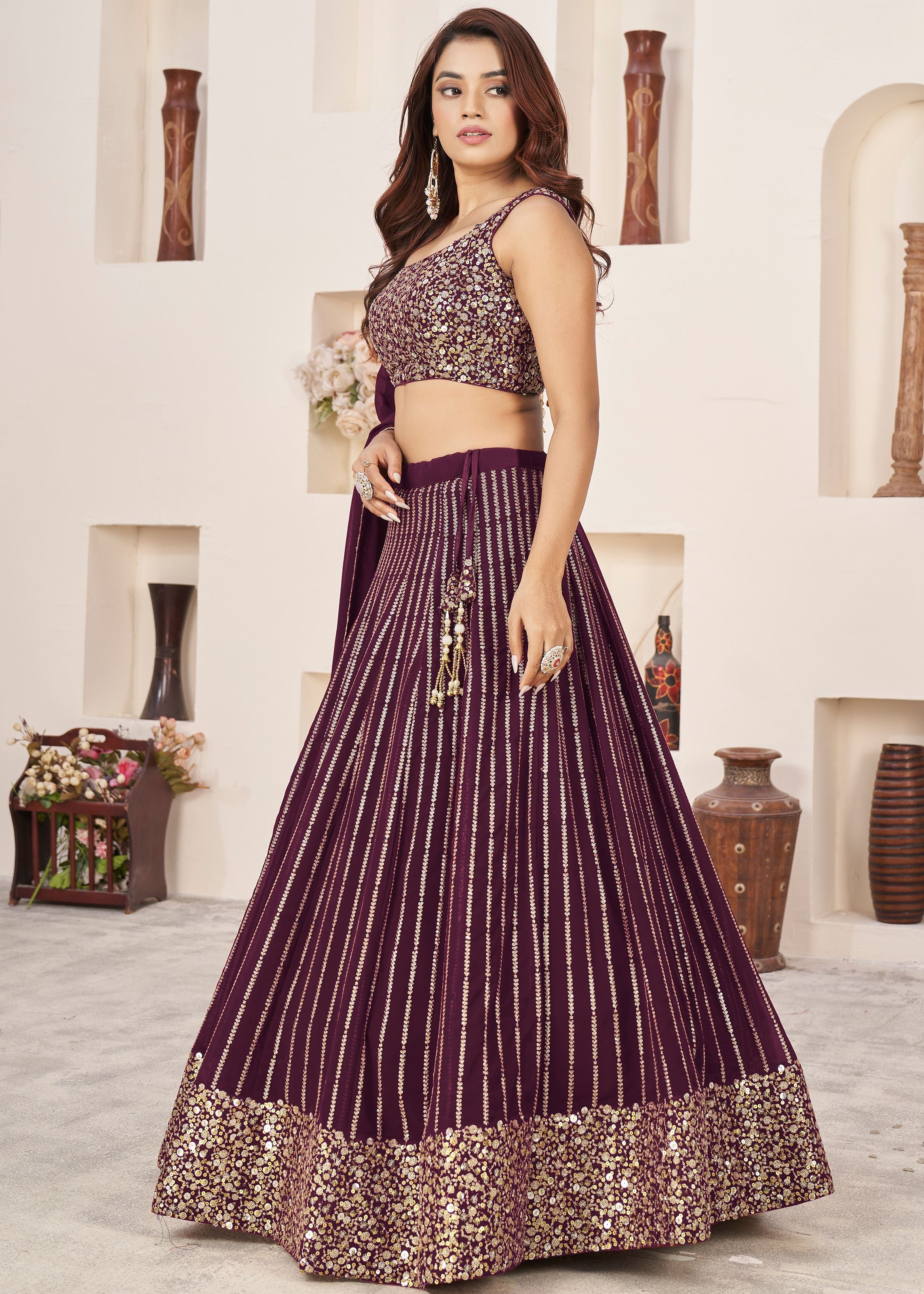 Wine Georgette Lehenga Choli With Sequins Zari Embroidered Work