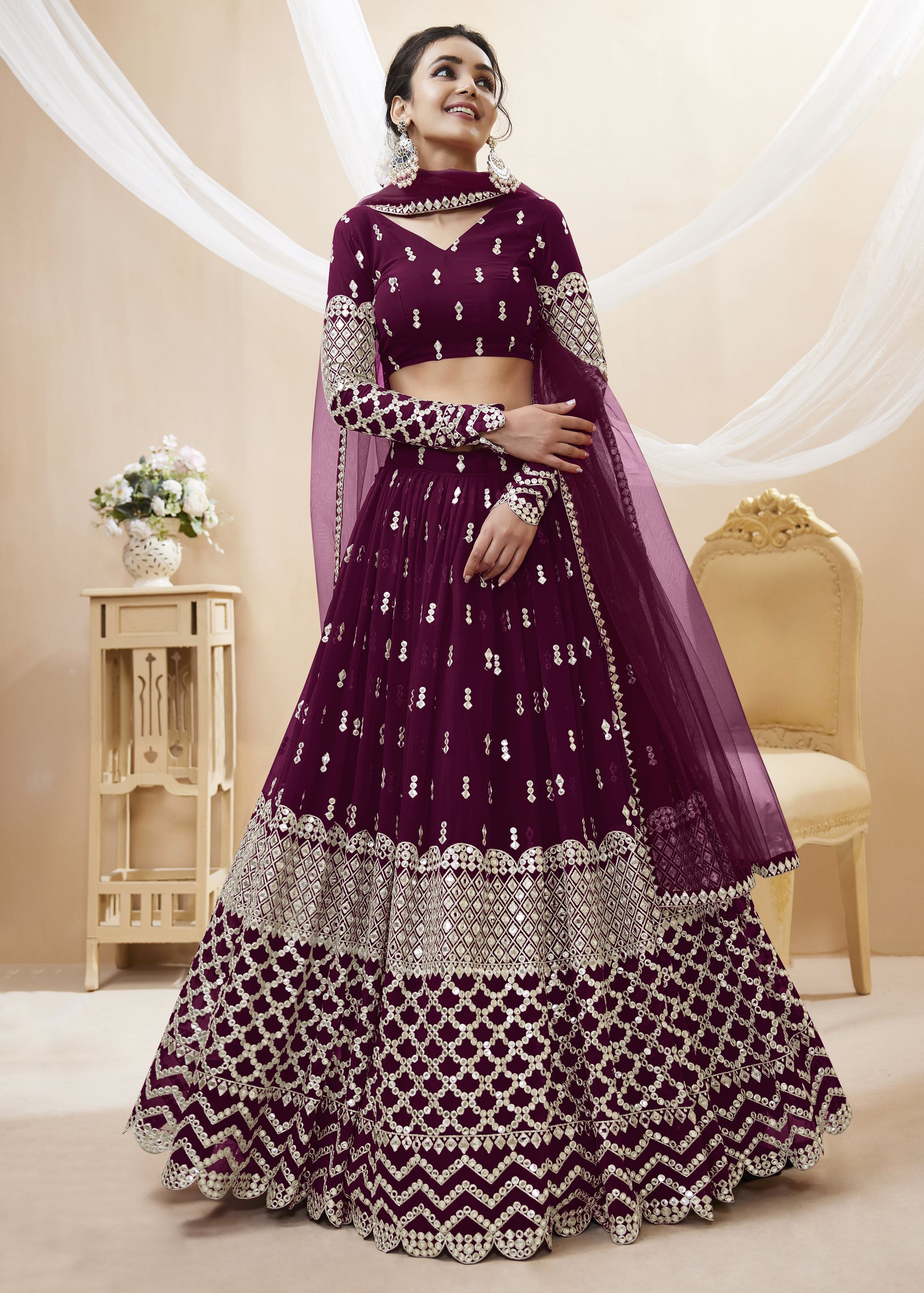 Wine Georgette Lehenga Choli With Sequins Zari Embroidered Work