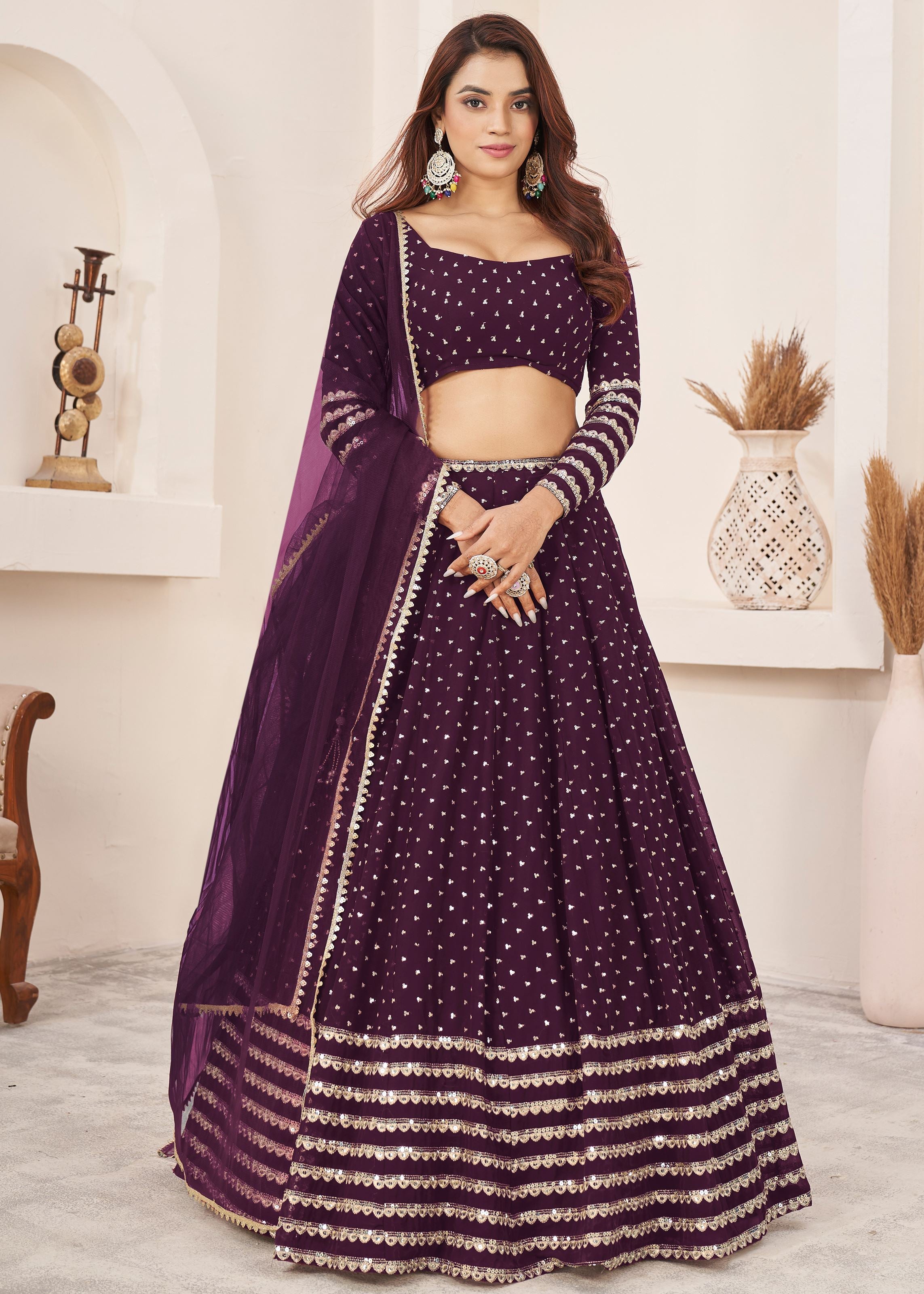 Wine Georgette Lehenga Choli With Zari, Sequins Embroidered Work