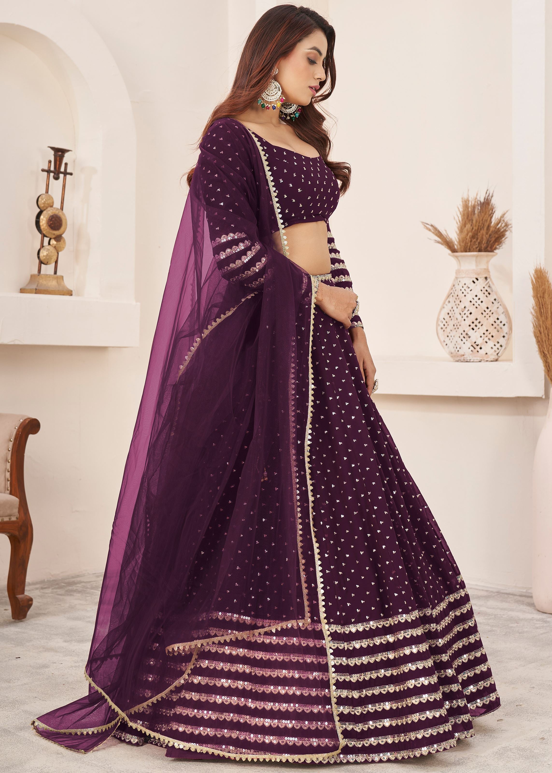 Wine Georgette Lehenga Choli With Zari, Sequins Embroidered Work