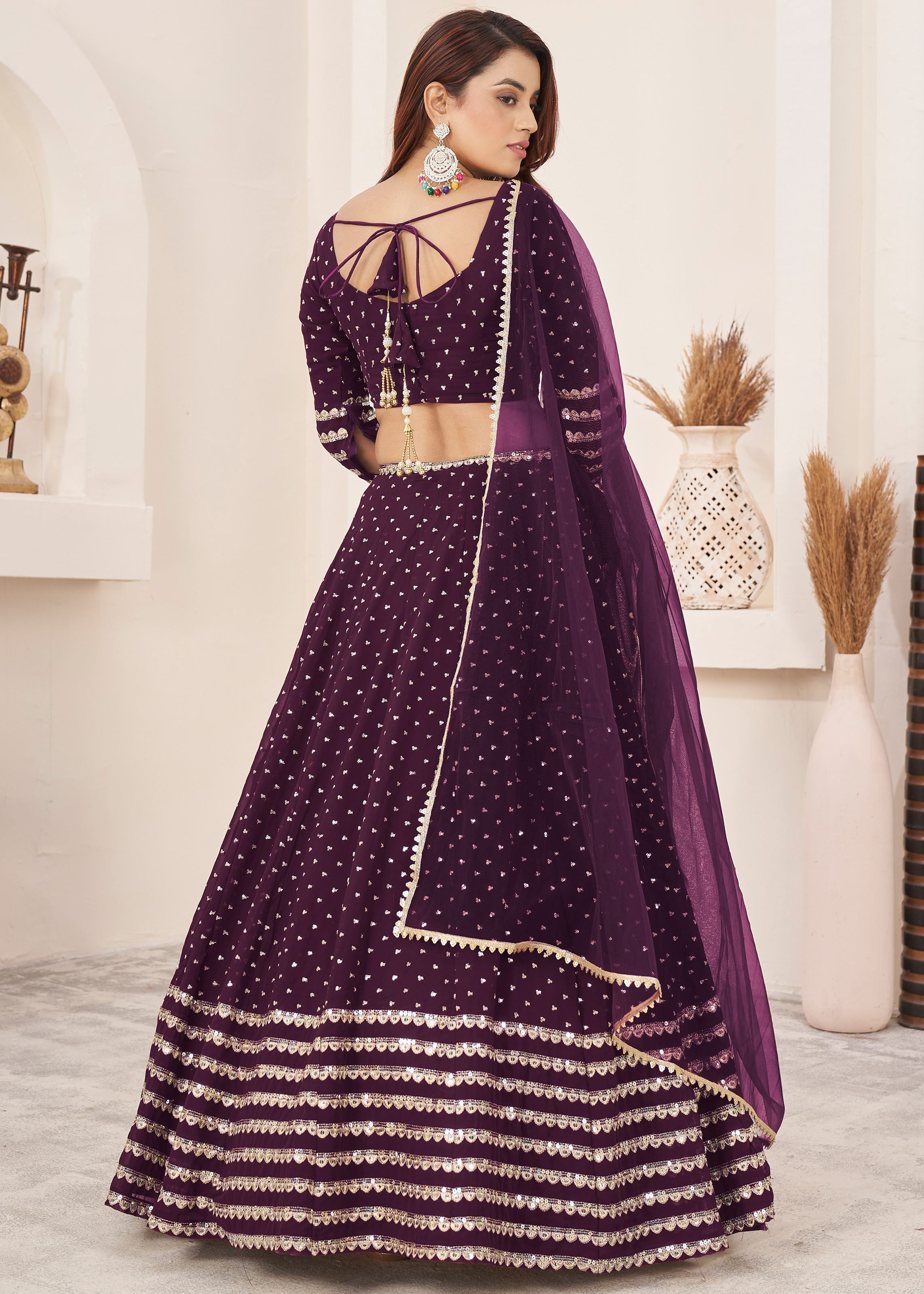 Wine Georgette Lehenga Choli With Zari, Sequins Embroidered Work