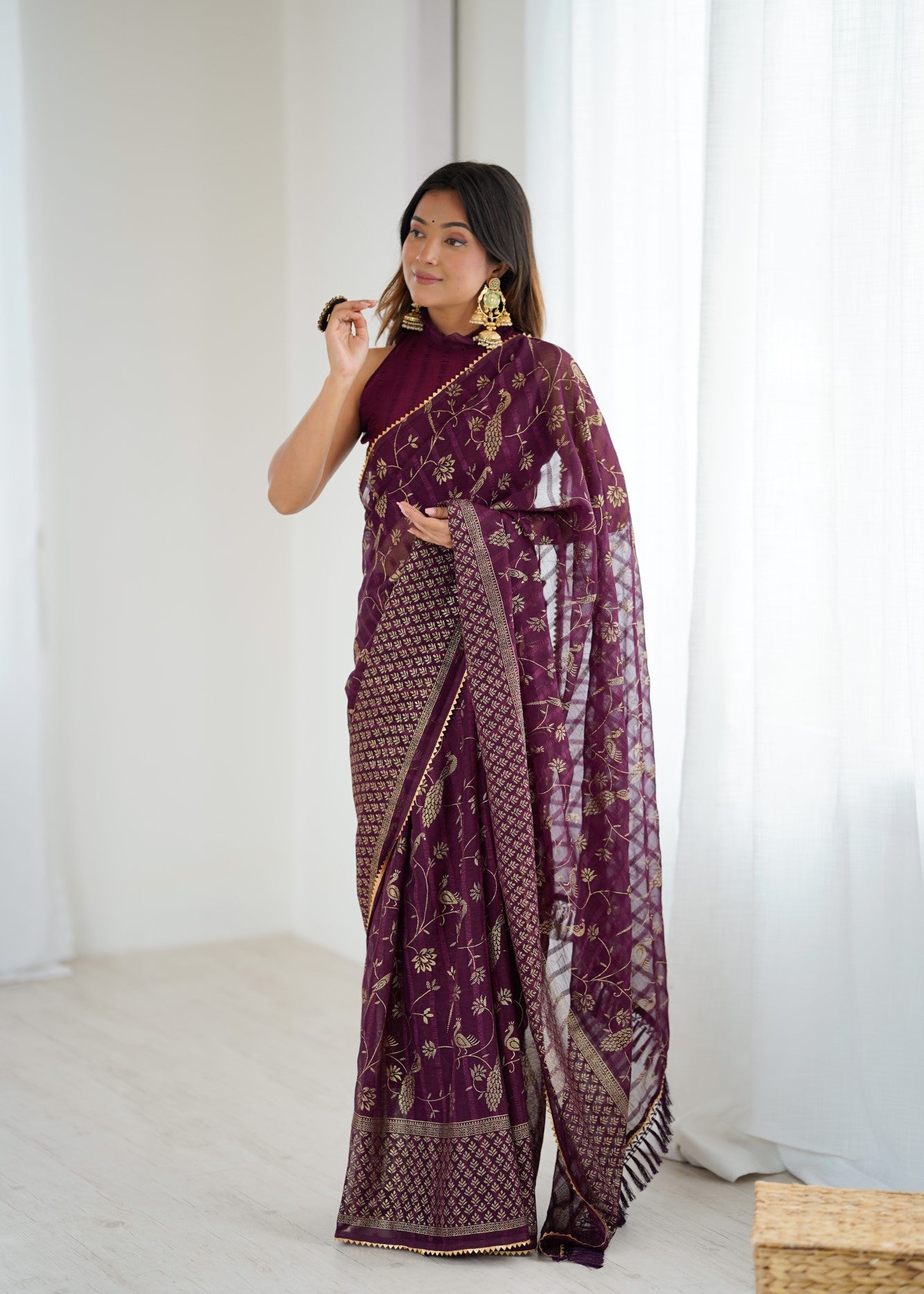 Wine Georgette Patta Saree With Foil Work And Lace Border