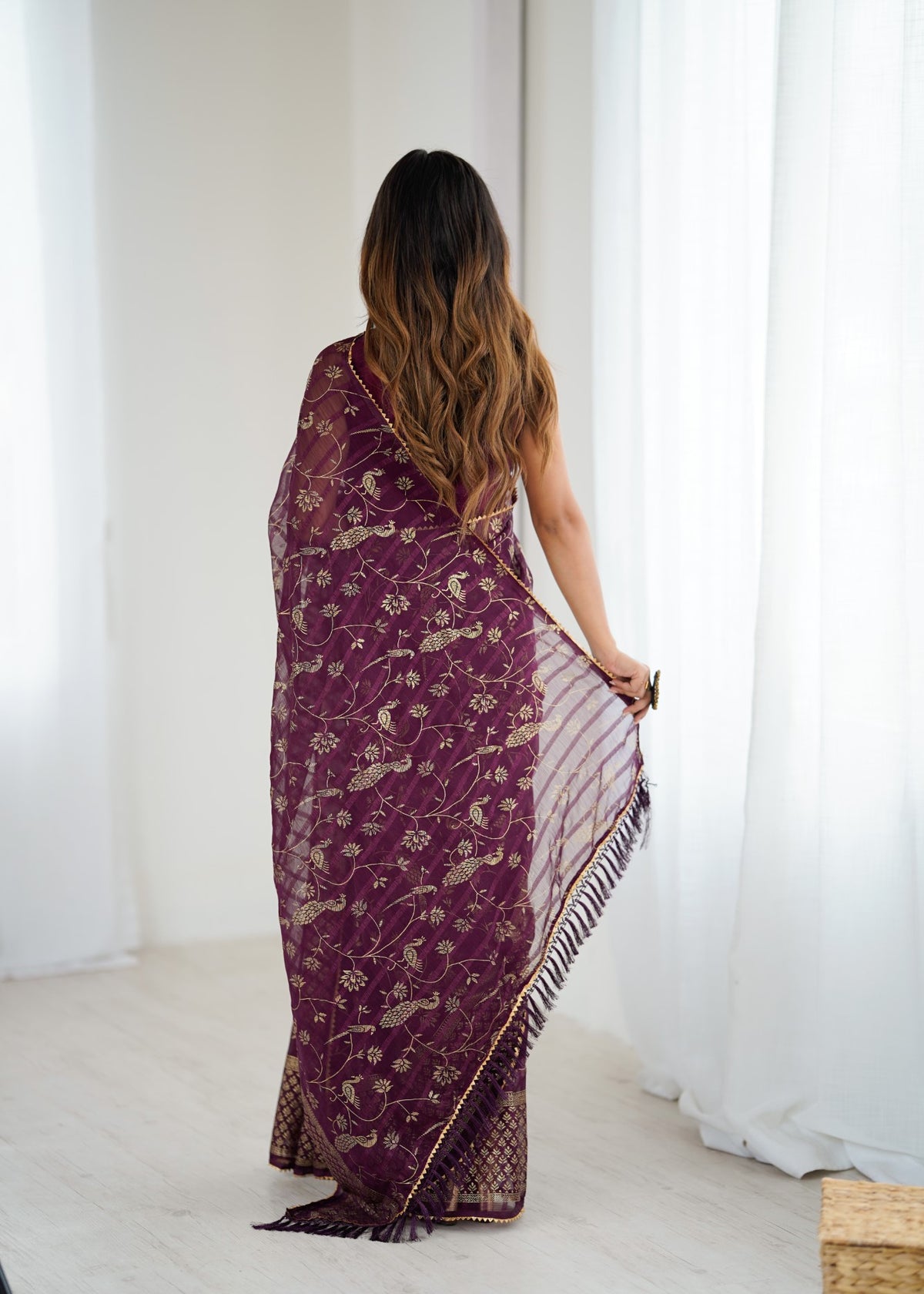 Wine Georgette Patta Saree With Foil Work And Lace Border