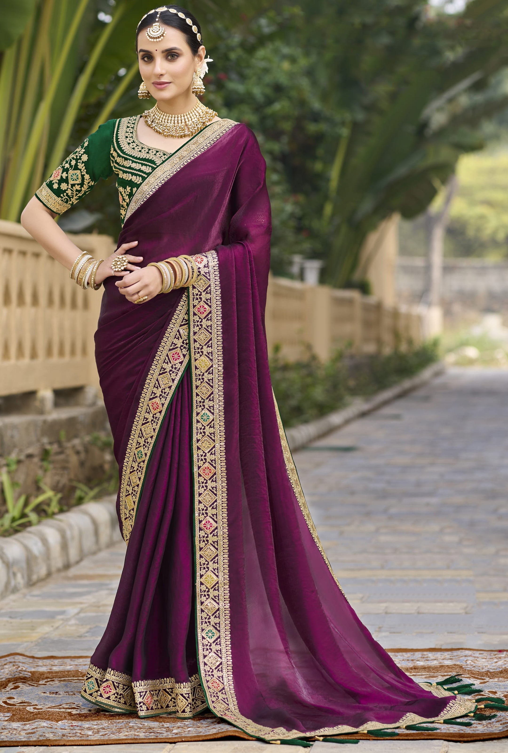 Wine Georgette Plain Saree With Embroidered Lace Border