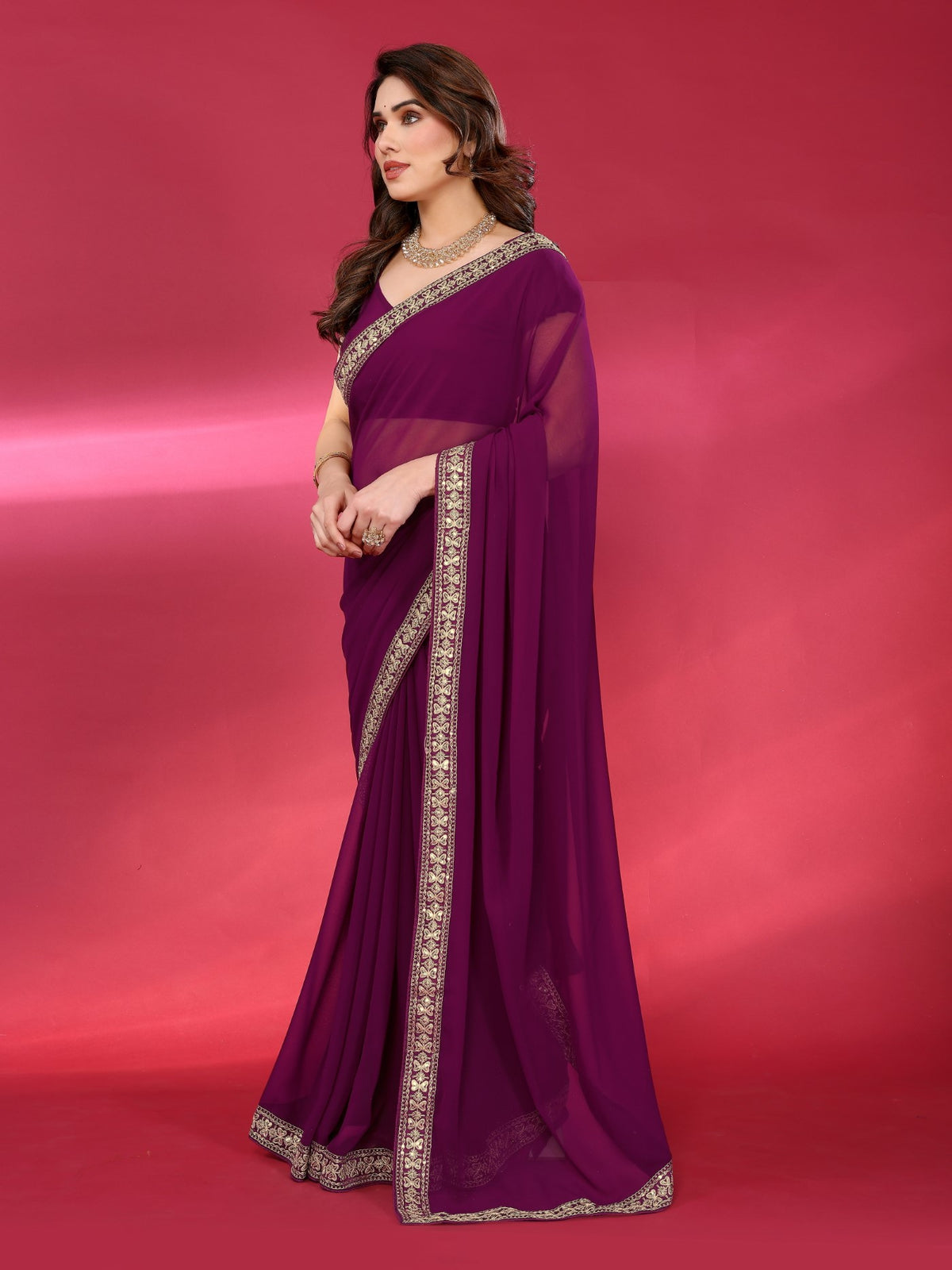 Wine Georgette Saree With Plain Saree With Embroidery Work Lace