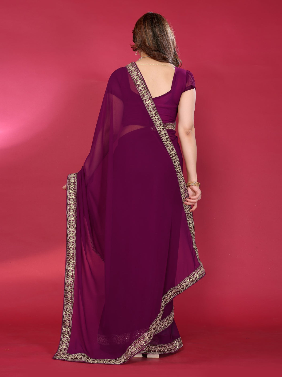 Wine Georgette Saree With Plain Saree With Embroidery Work Lace