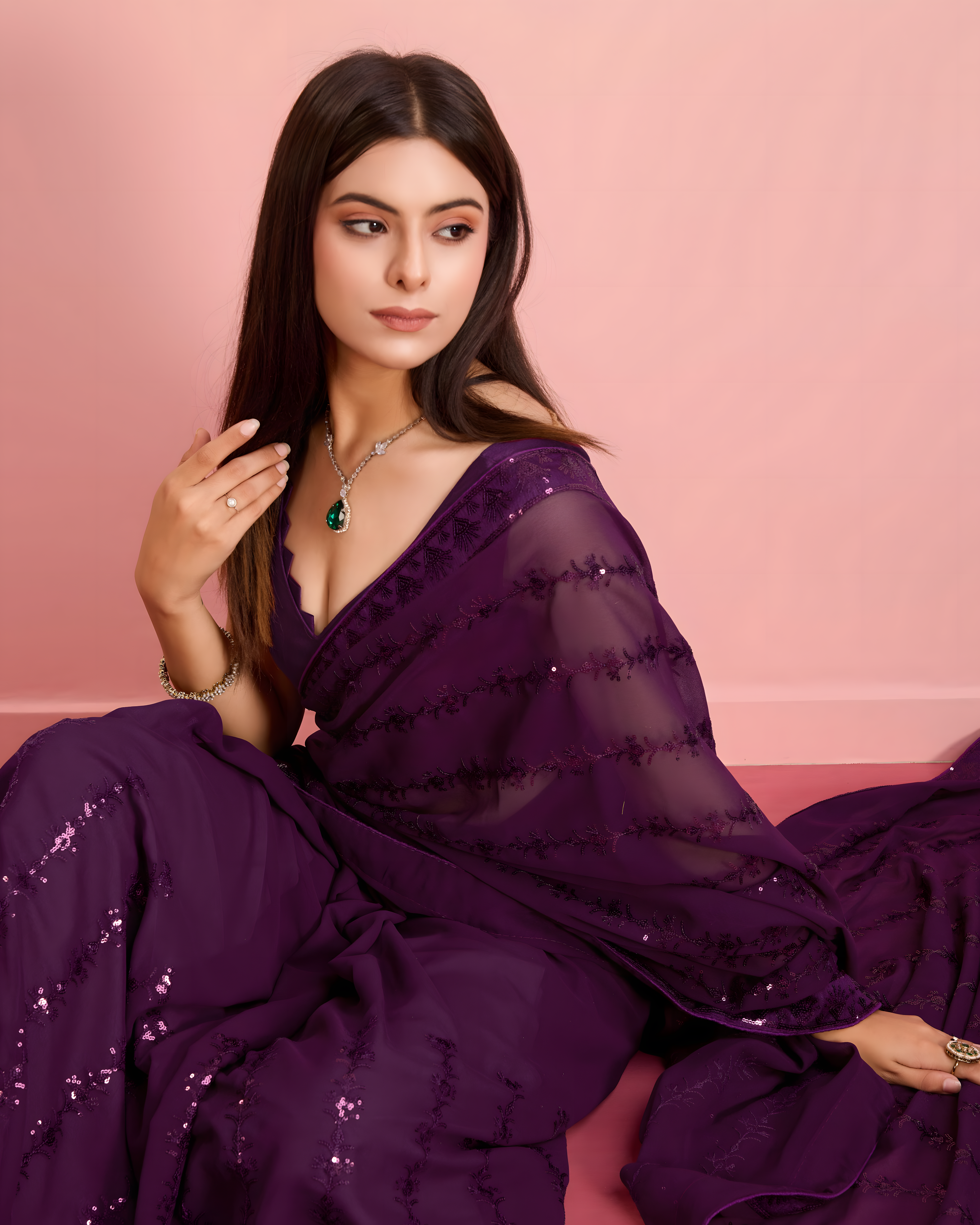 Wine Georgette Saree with 3mm sequence with threads work  with lace border Work