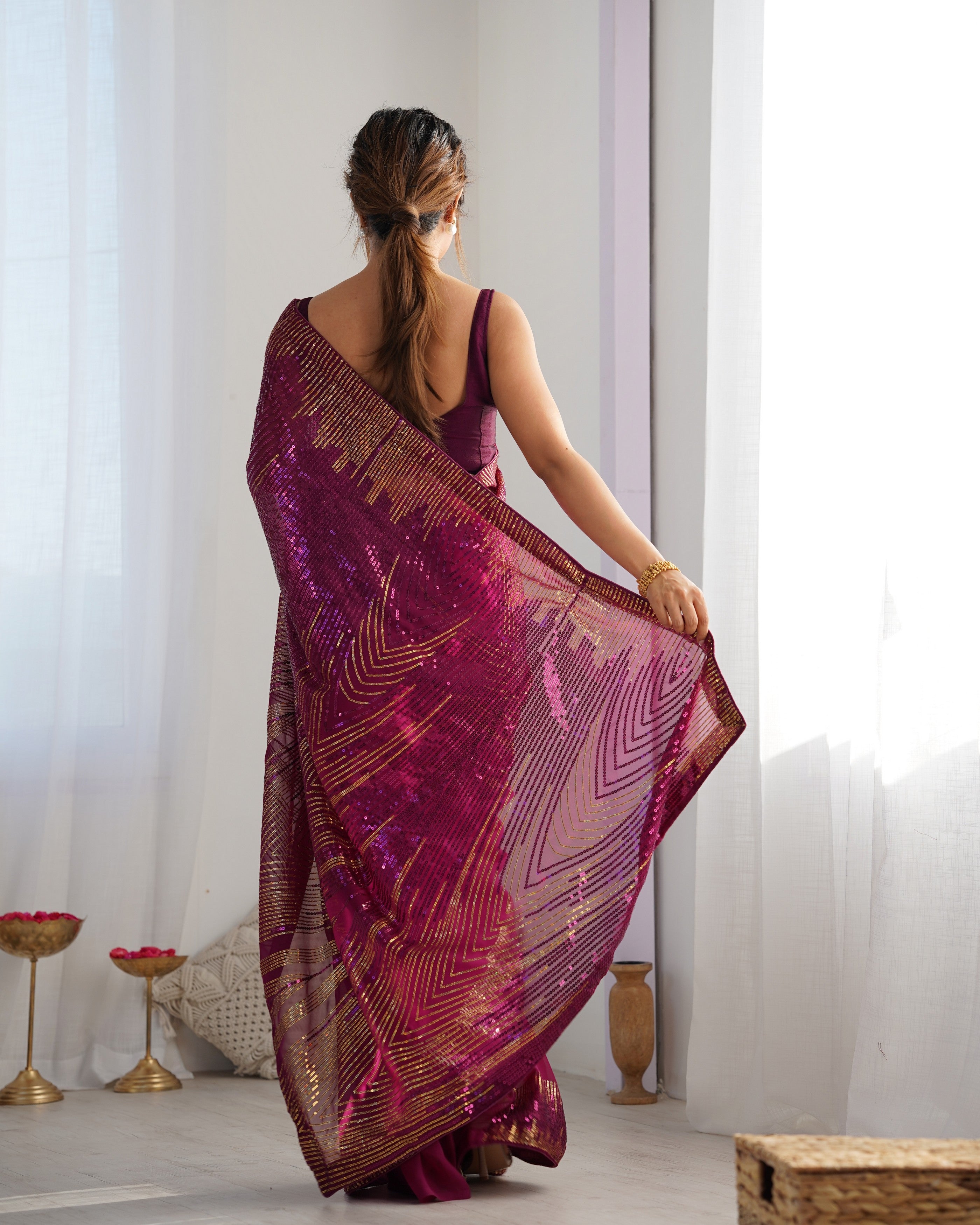 Wine Georgette Sequins Designer Girlie Fancy Saree