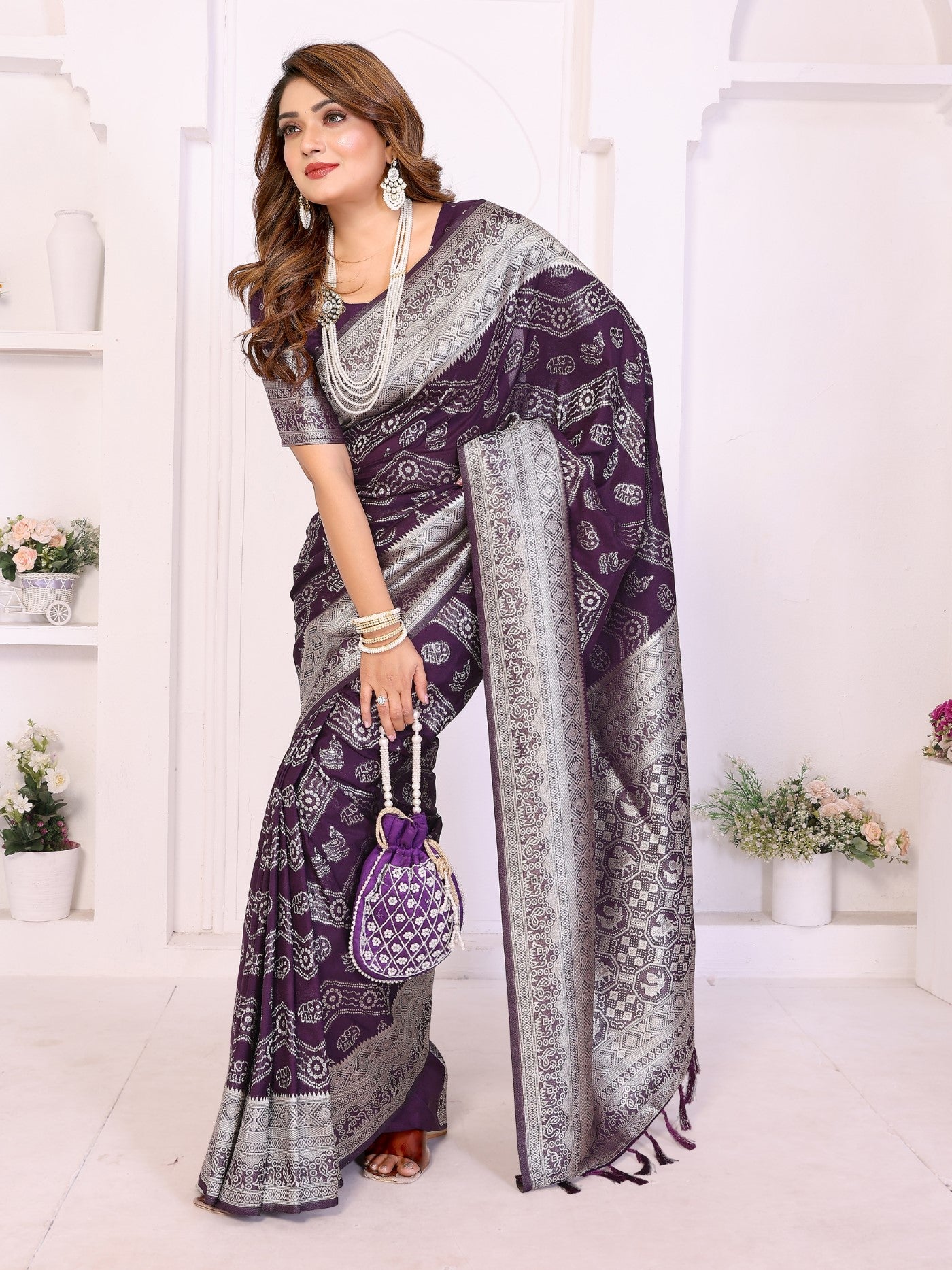 Wine Georgette Silk Saree With Leheriya And Elegant Zari Weaving