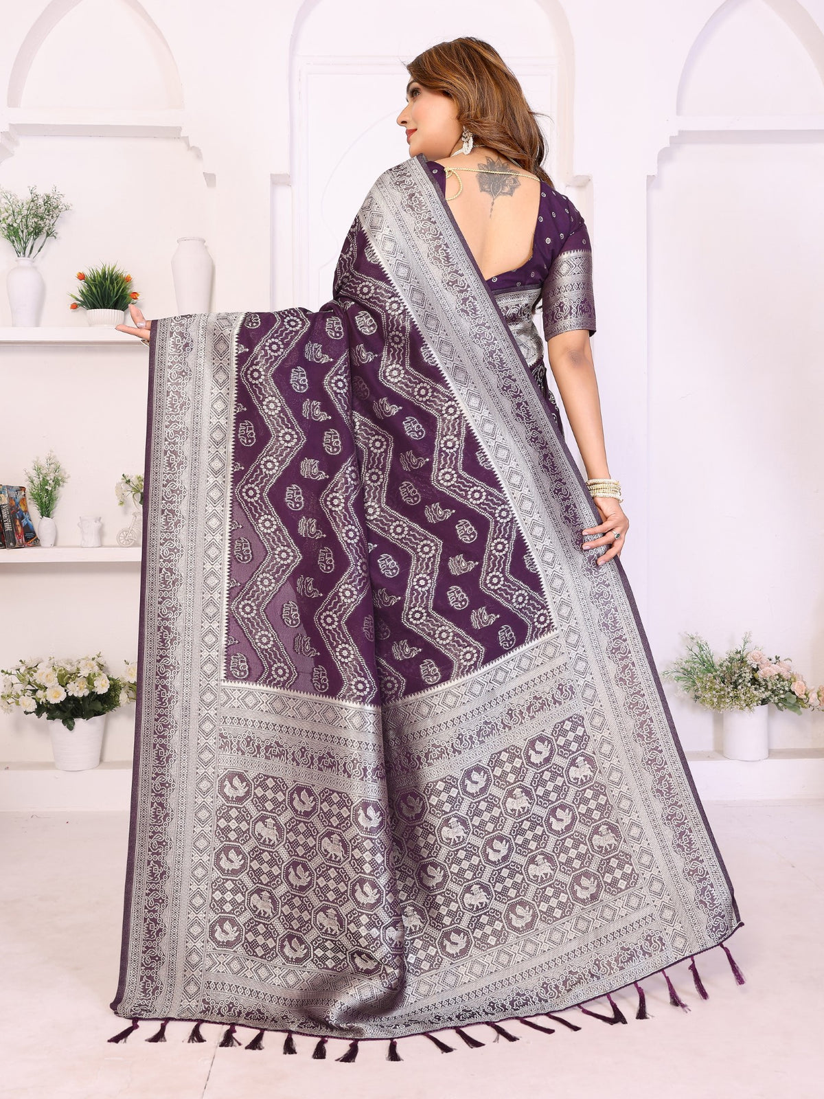 Wine Georgette Silk Saree With Leheriya And Elegant Zari Weaving