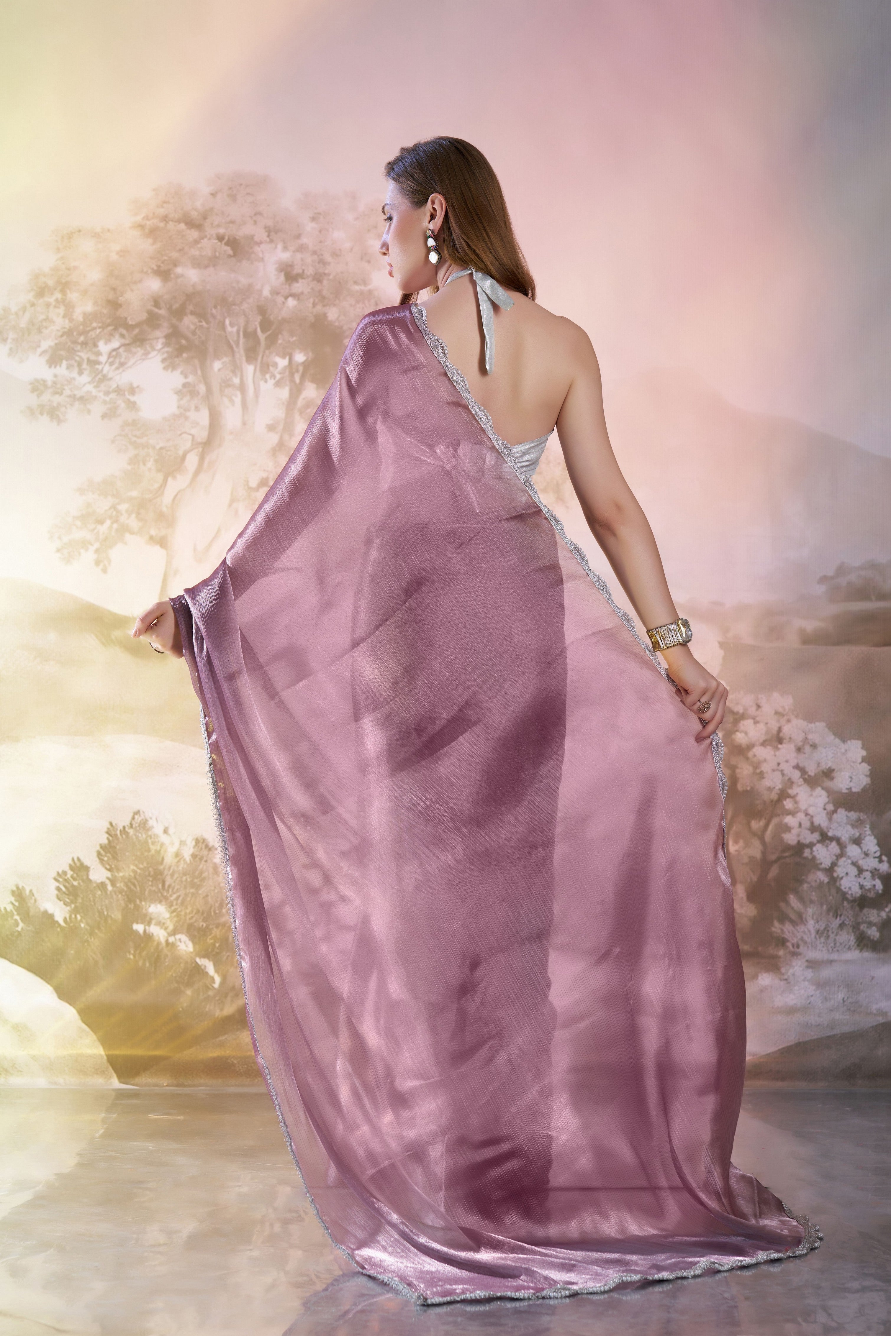 Wine Glamorous Bollywood Style Solid Fancy Designer Burberry Organza Saree