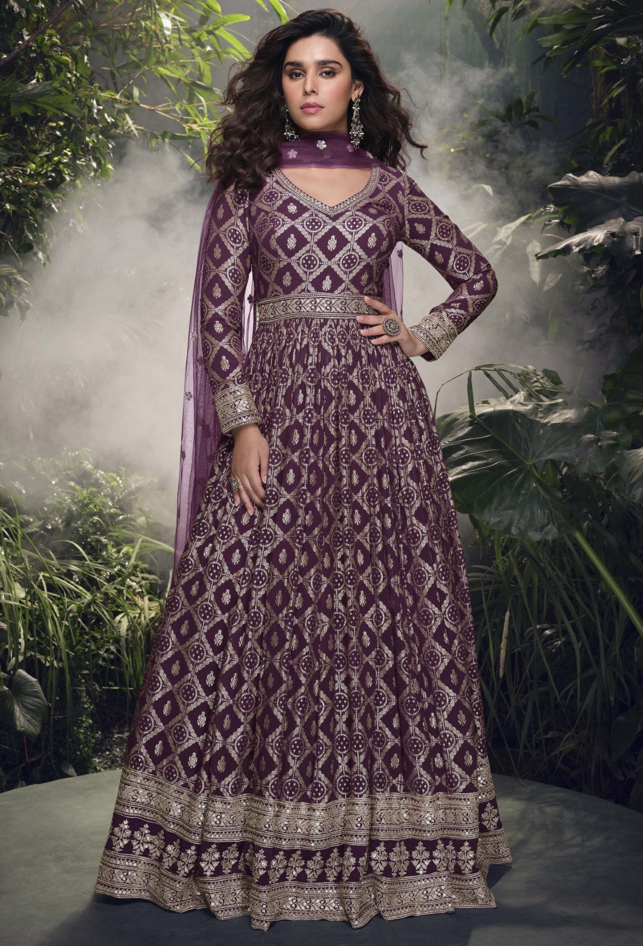 Wine Jacquard Silk Suit Set With Thread Embroidery