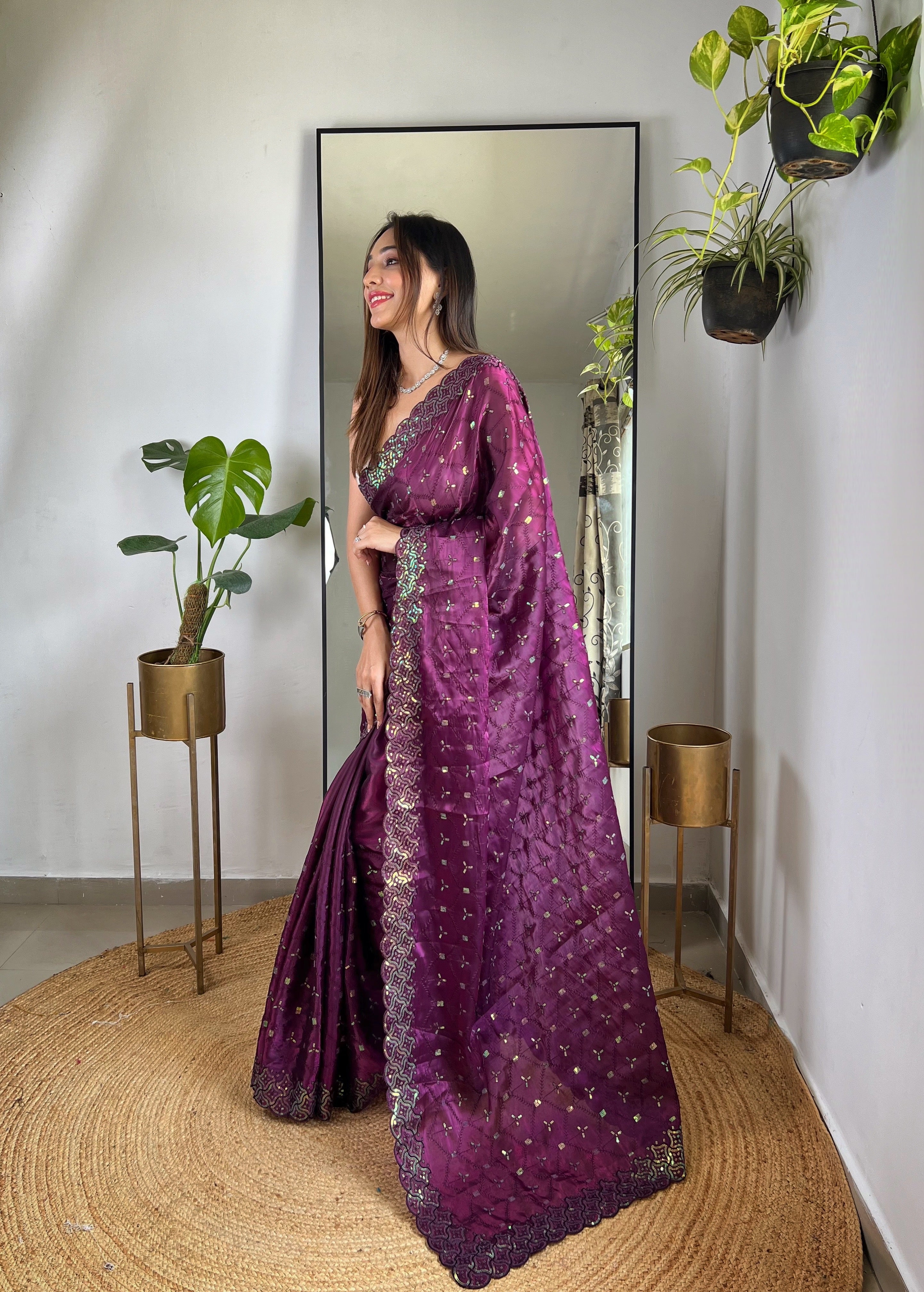 Wine Jimmy Choo Fabric Designer Bollywood Sequins Work Saree