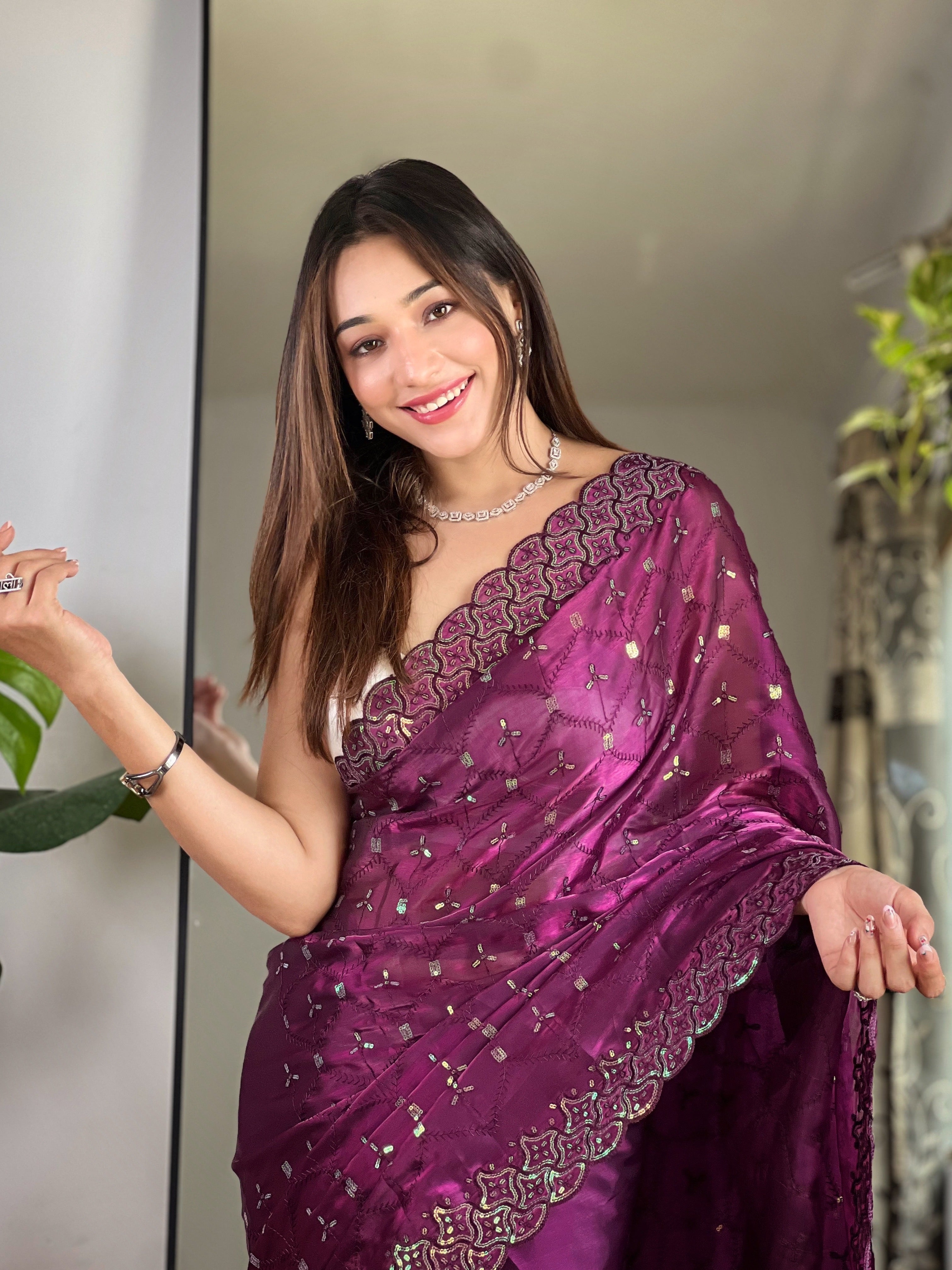 Wine Jimmy Choo Fabric Designer Bollywood Sequins Work Saree