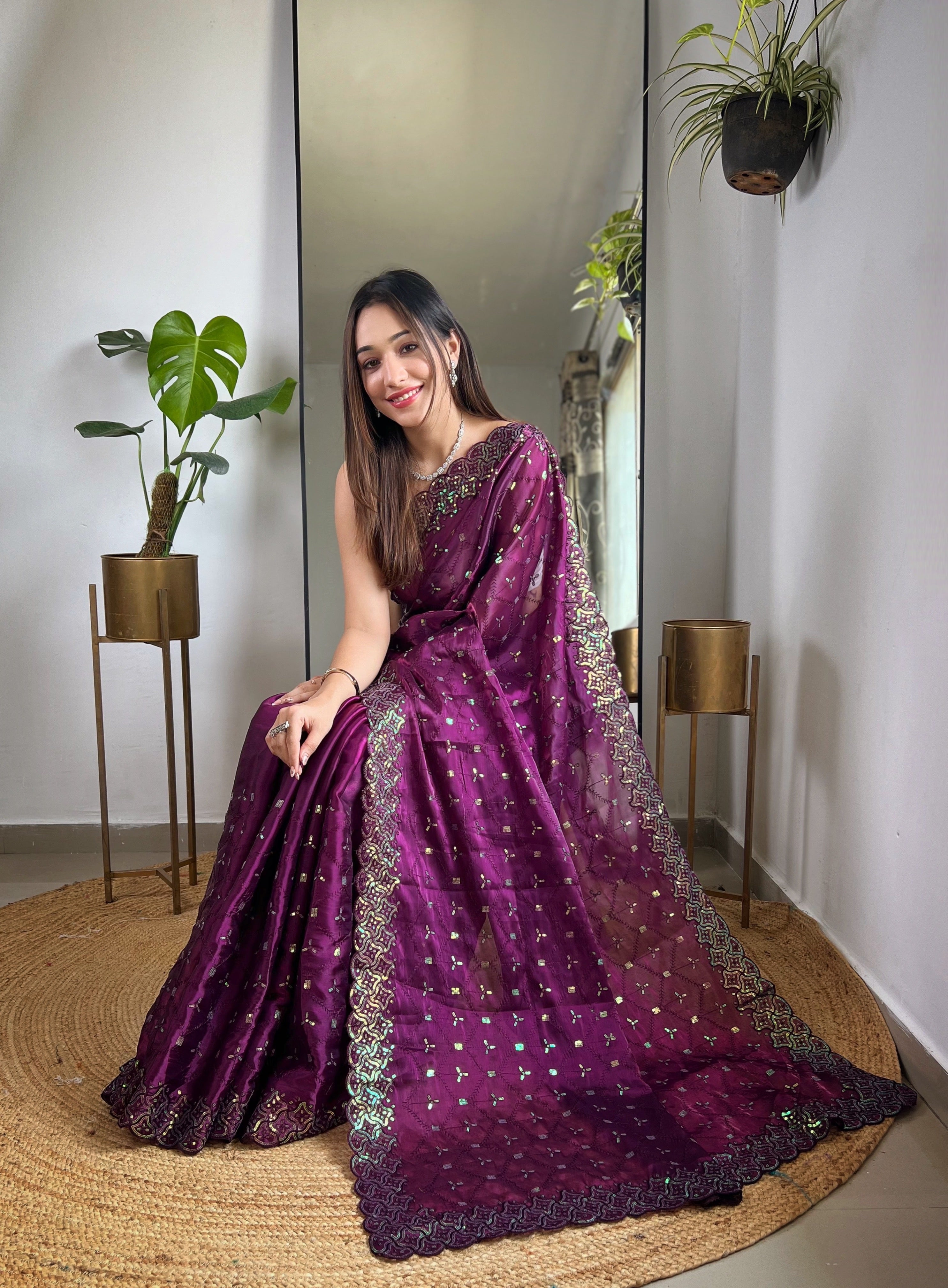 Wine Jimmy Choo Fabric Designer Bollywood Sequins Work Saree