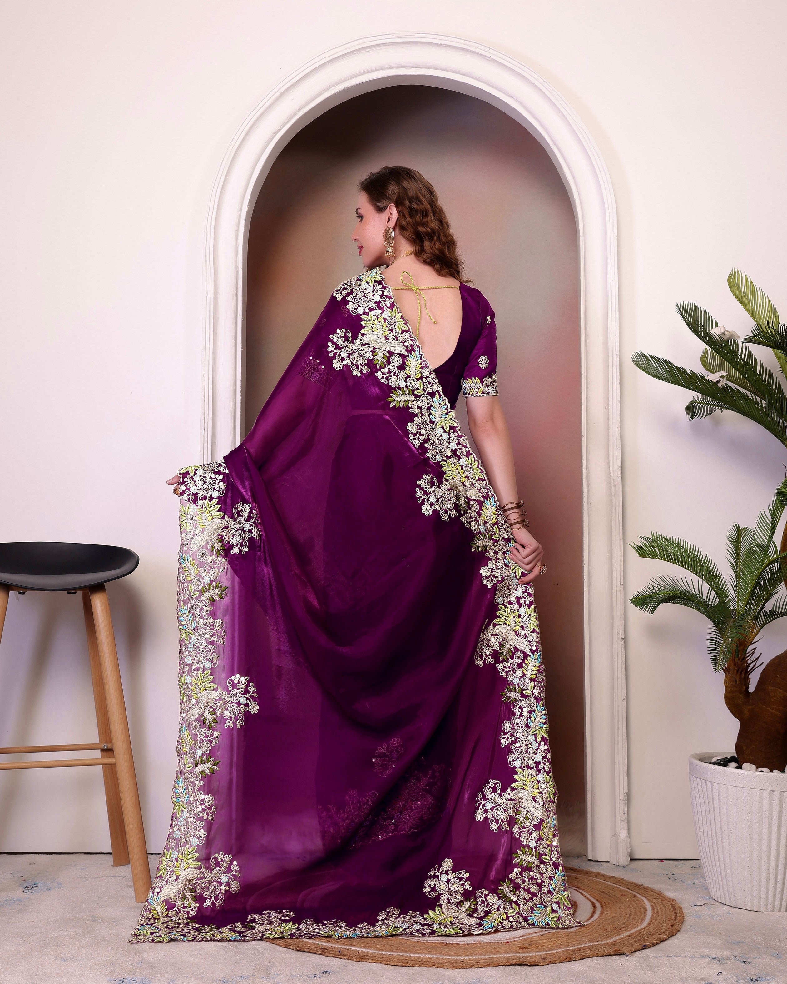 Wine Jimmy Choo Heavy Sequins Work Partywear Saree