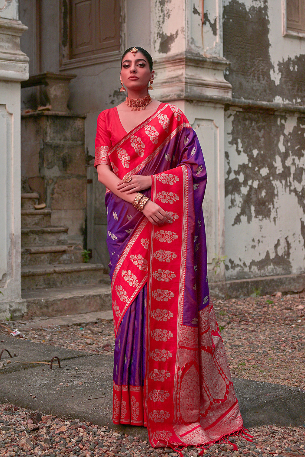 Wine Kanchi Silk Saree with Leaf Design and Contrast Pallu