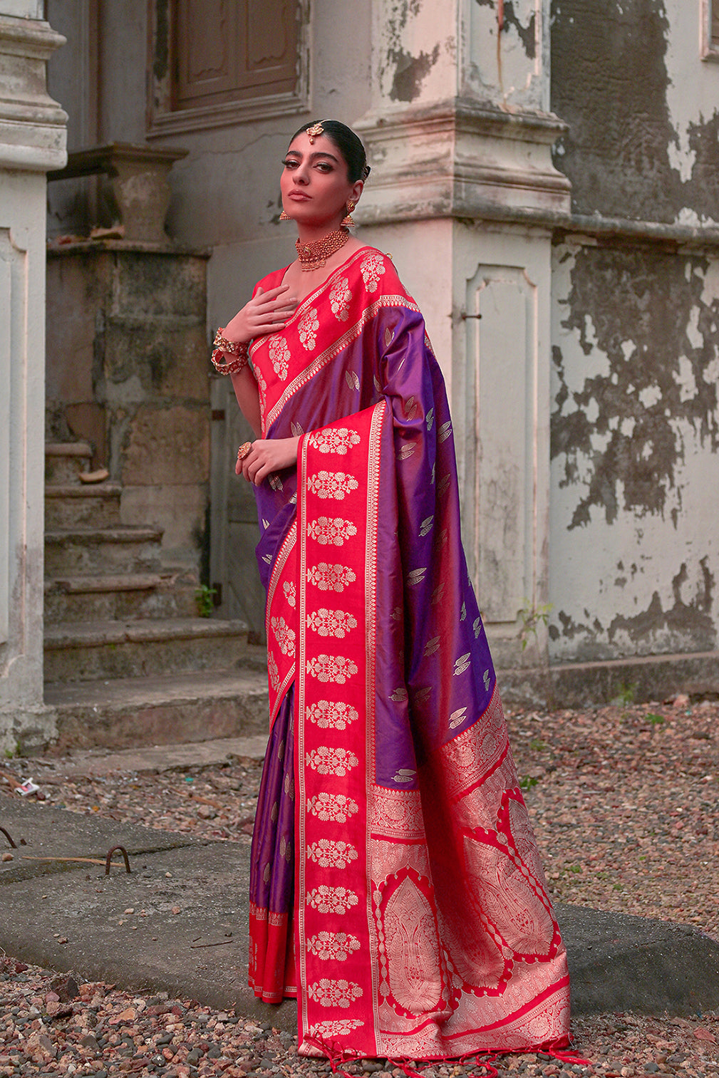 Wine Kanchi Silk Saree with Leaf Design and Contrast Pallu