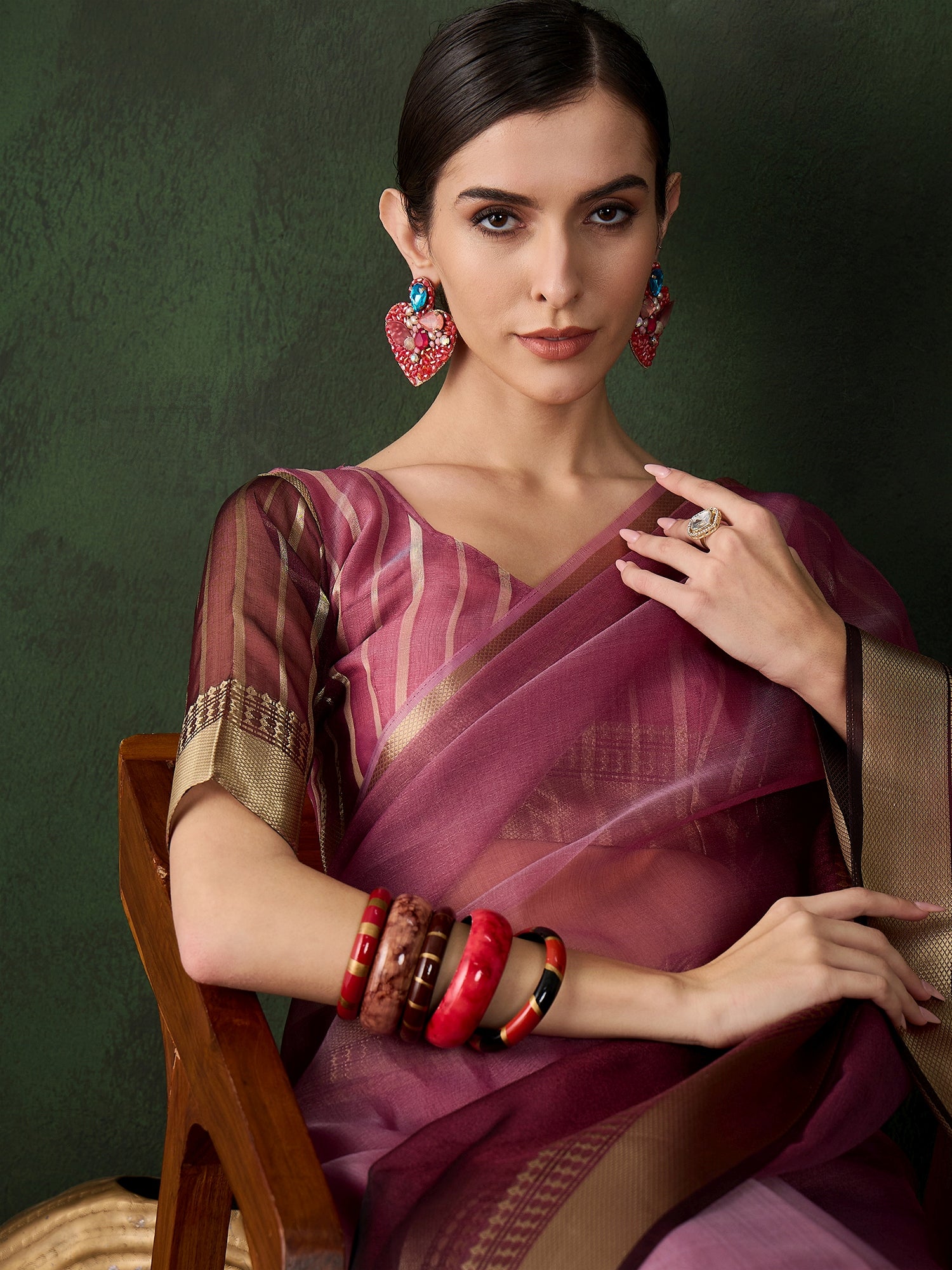 Wine Khadi Organza Fabric Beautiful Woven Jacquard Designer Saree