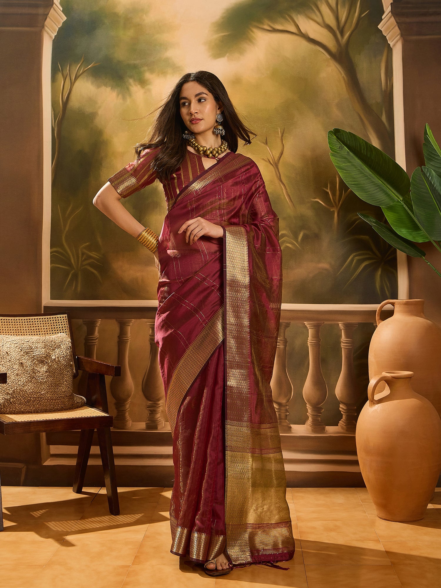 Wine Khadi Organza Woven Jacquard Designer Ethnic Partywear Saree